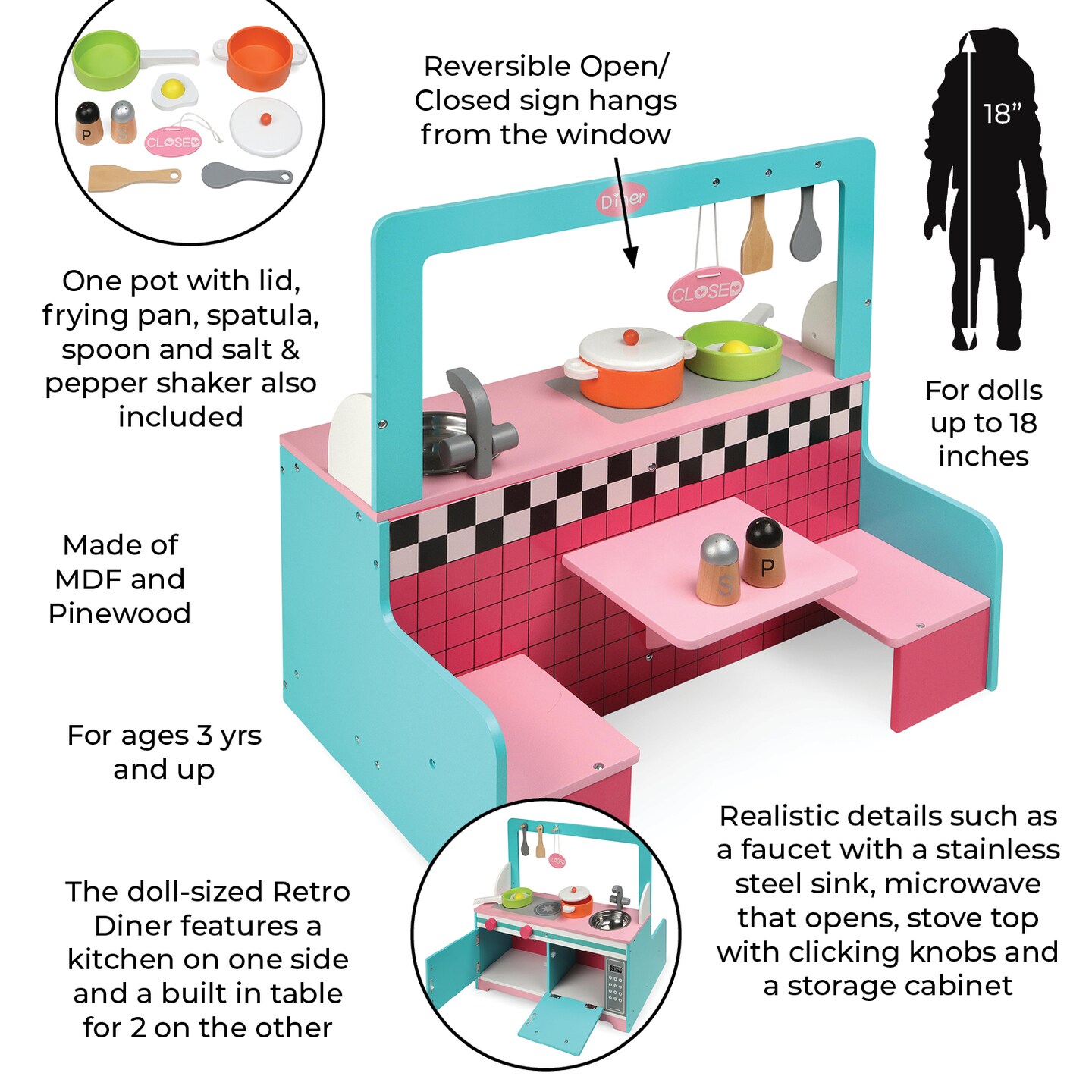 Badger Basket Retro Diner and Kitchen Doll Playset with Accessories