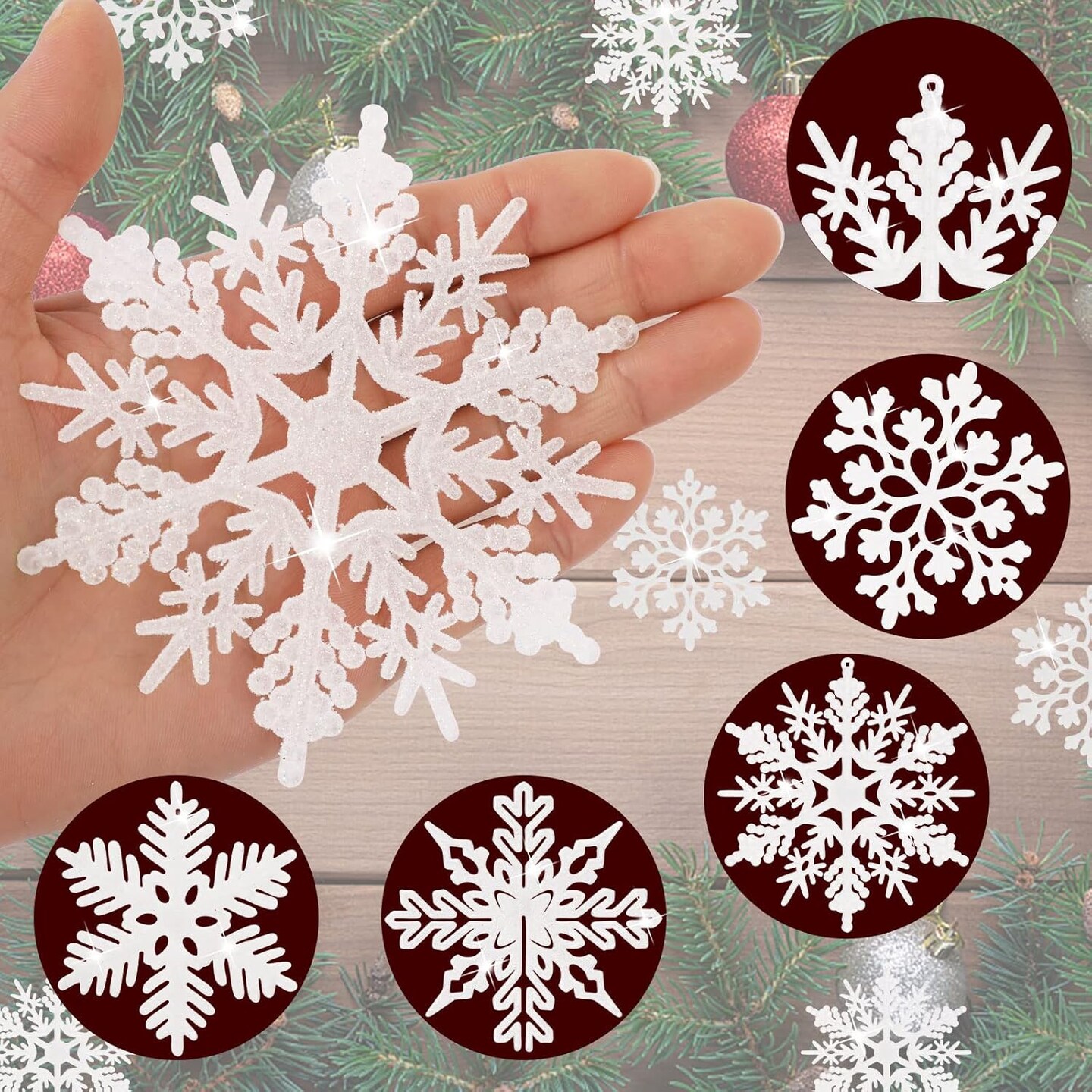 48-Piece Glitter Snowflake Ornaments – 4 White Christmas Hanging Decorations for Tree, Crafting, and Wedding Decor