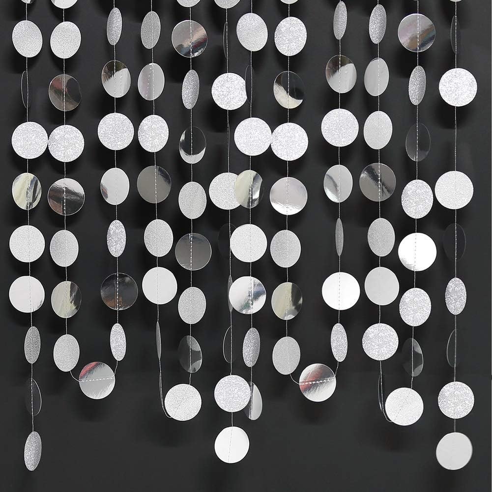 Glitter Silver Party Decorations Silver Circle Garland Hanging Dot Streamers Banner Backdrop Birthday Decoration Bachelorette Bridal Shower Engagement Anniversary Graduation Party Decor