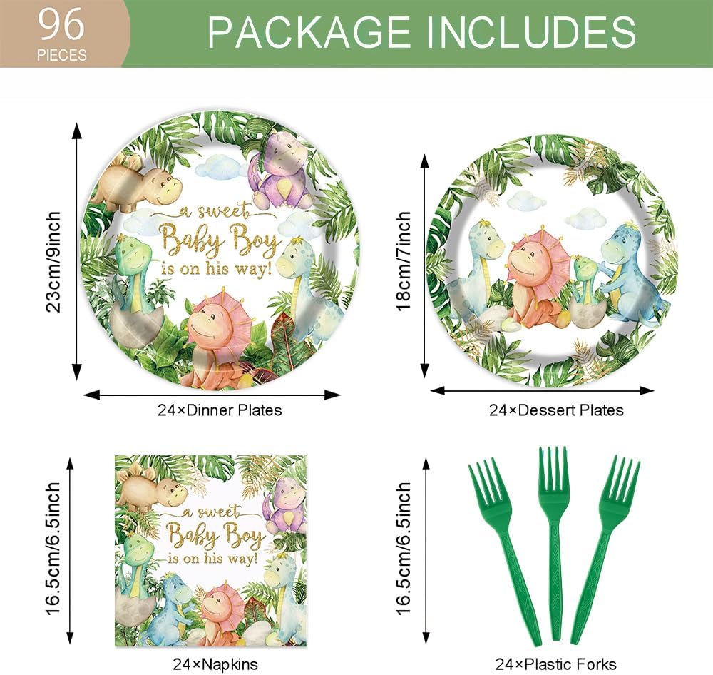 96Pcs Dinosaur Baby Shower Party Tableware Supplies,Serve 24 Guests (green and brown