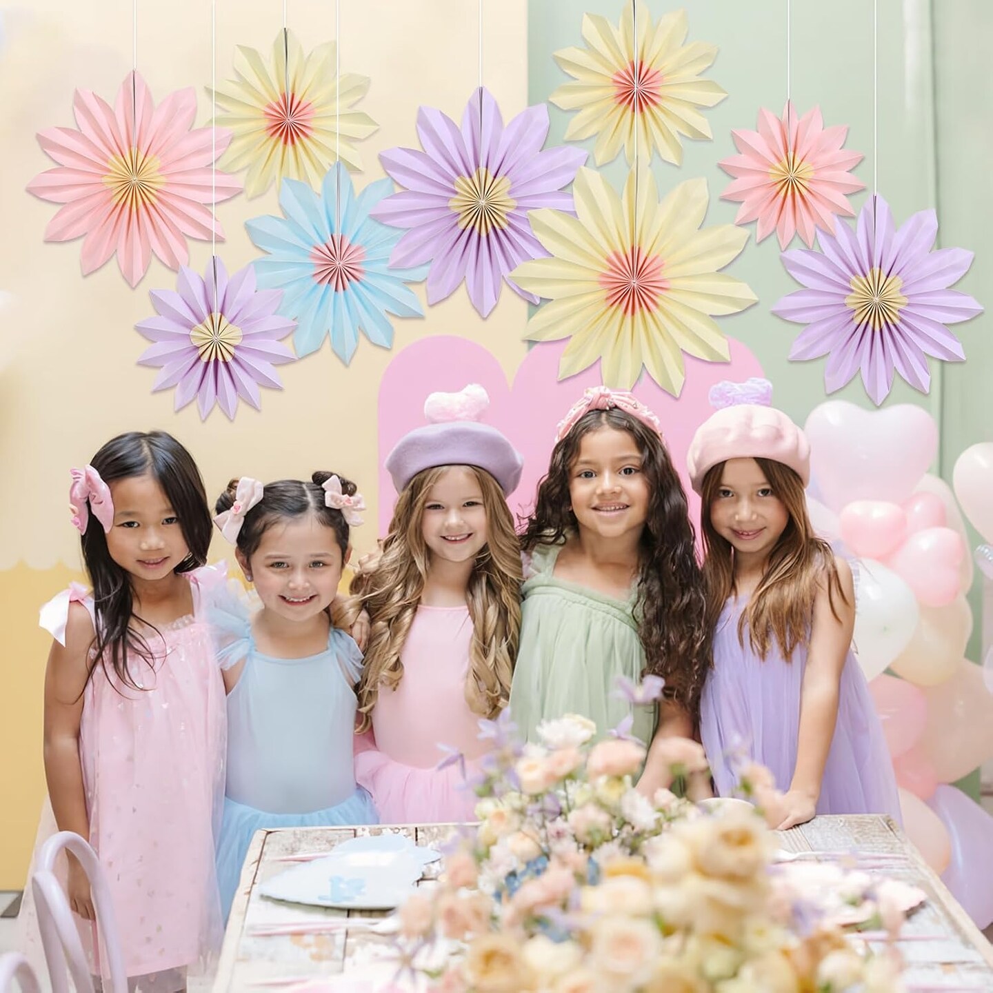 9 PCS Pastel Paper Flower Decorations,Yellow,Pink and Purple Pastel Party Decorations,Sunflower Folding Paper Fans,Classroom Decoration Paper Floral