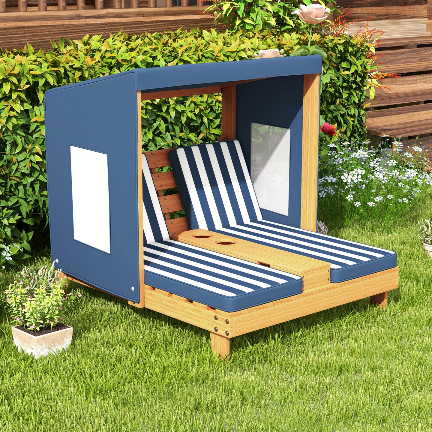 Children’s Patio Lounge Chair with Awning and Cup Holders for Garden