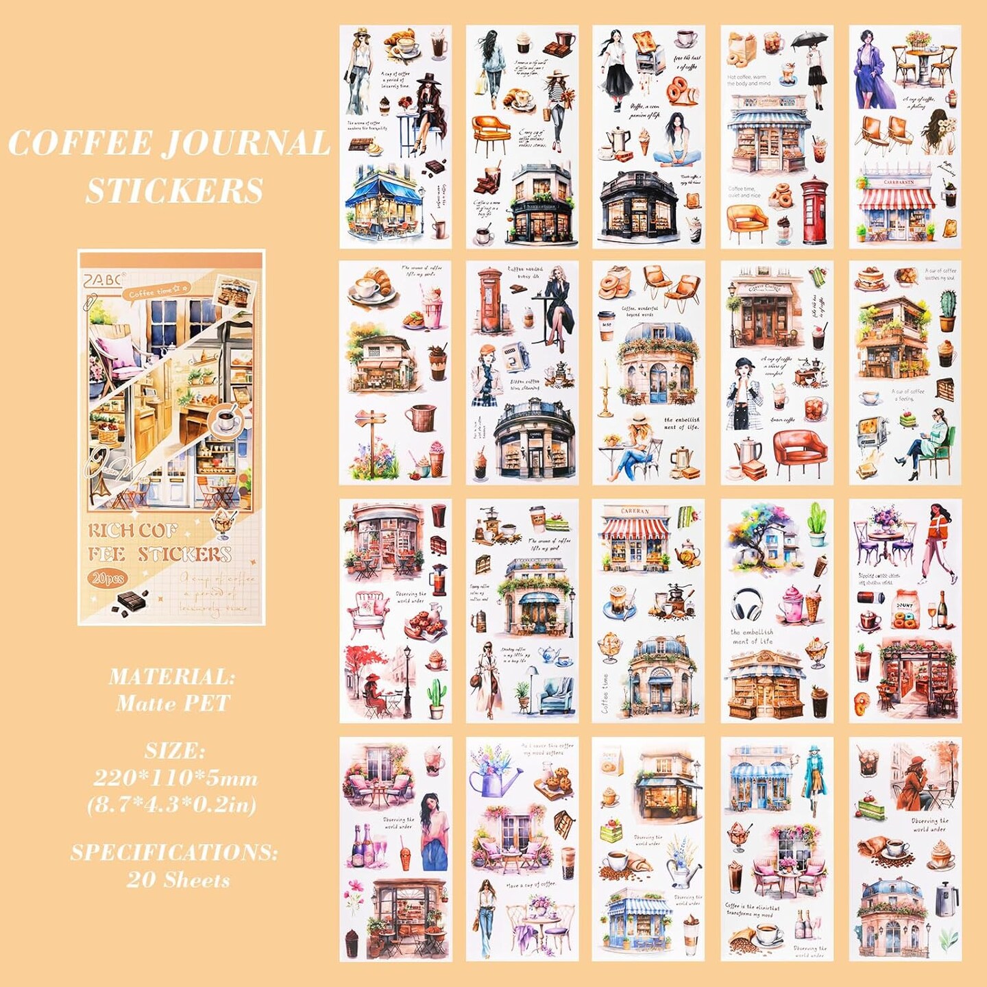 Coffee Aesthetic Stickers for Scrapbooking (Orange) 8.6 x 4.3 x 0.2 inches