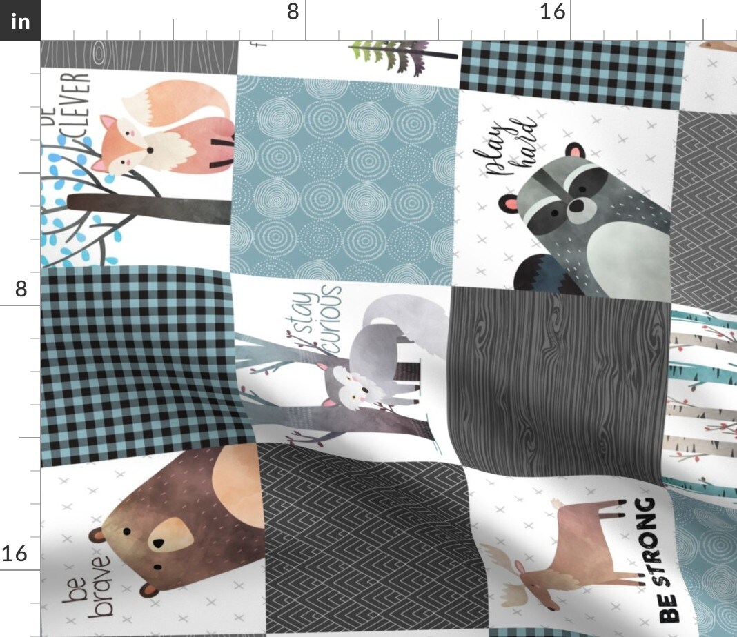 Woodland Patchwork Quilt Rotated Bear Moose Fox Raccoon Wolf Gray & Blue Nursery Animals Forest Boys Custom Printed Fabric by Spoonflower Various Fabrics by the Yard or Fat Quarter