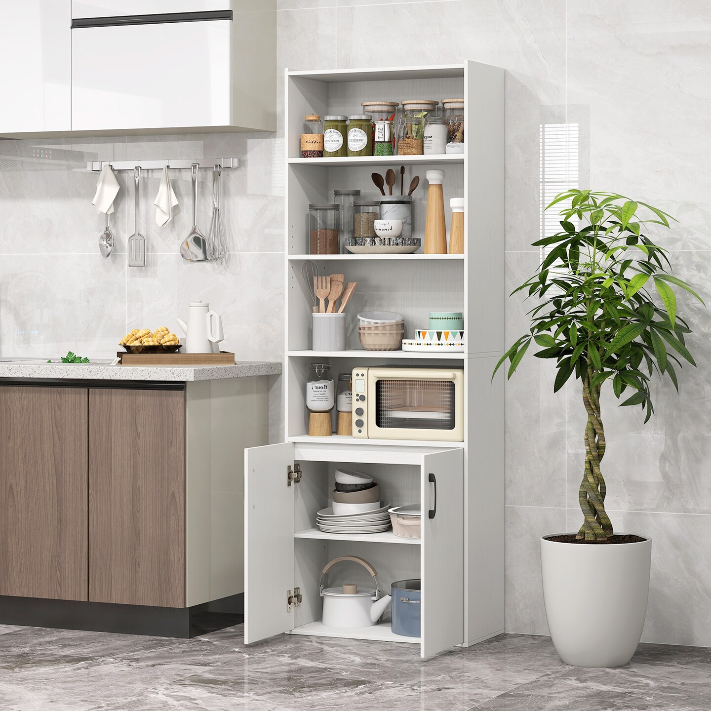 White Engineered Wood Bookcase with Adjustable Shelves, Cabinet and Anti-Tip Safety