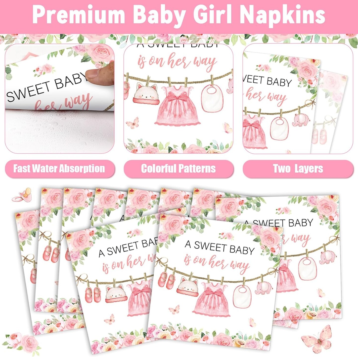 200Pcs Floral Girl Baby Shower Tableware Sets - Serves 50 (Pink) 9.06"L x 9.06"W x 0.04"Th