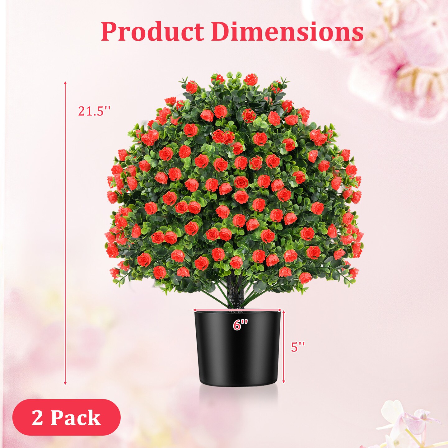 Red Artificial Rose Topiary Ball Plants Set of 2 with Cement Pots and UV-Resistant