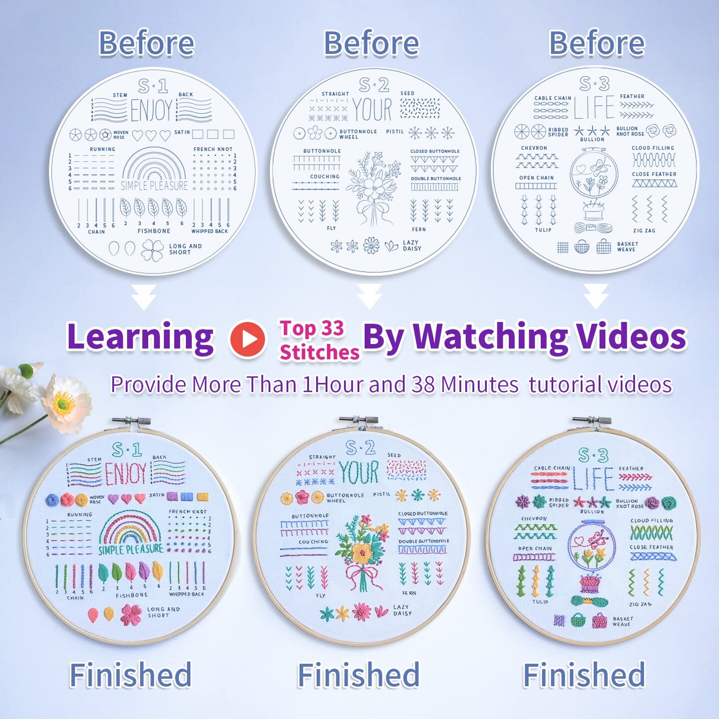 ETSPIL 3 Pack Embroidery Kit for Beginners and Adults,Learn 33 Stitches with DIY Stamped Flower Patterns &#x2013; Includes Hoop, Color Threads, Tools, and Step-by-Step Instructions with Video Tutorials