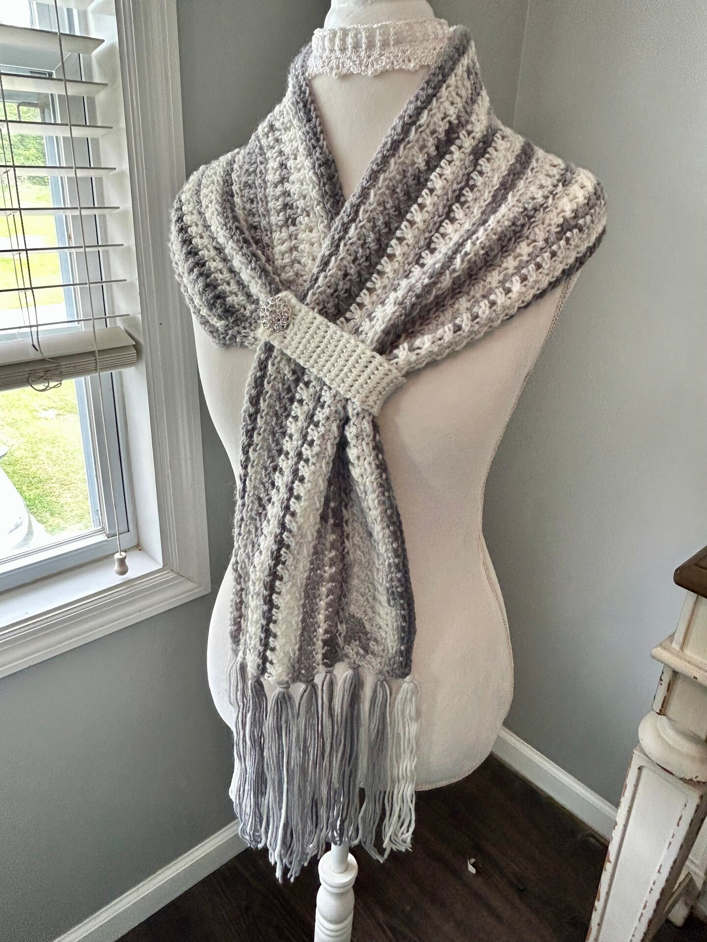 Crochet Grey and White Keyhole Scarf with Loop and Rhinestone