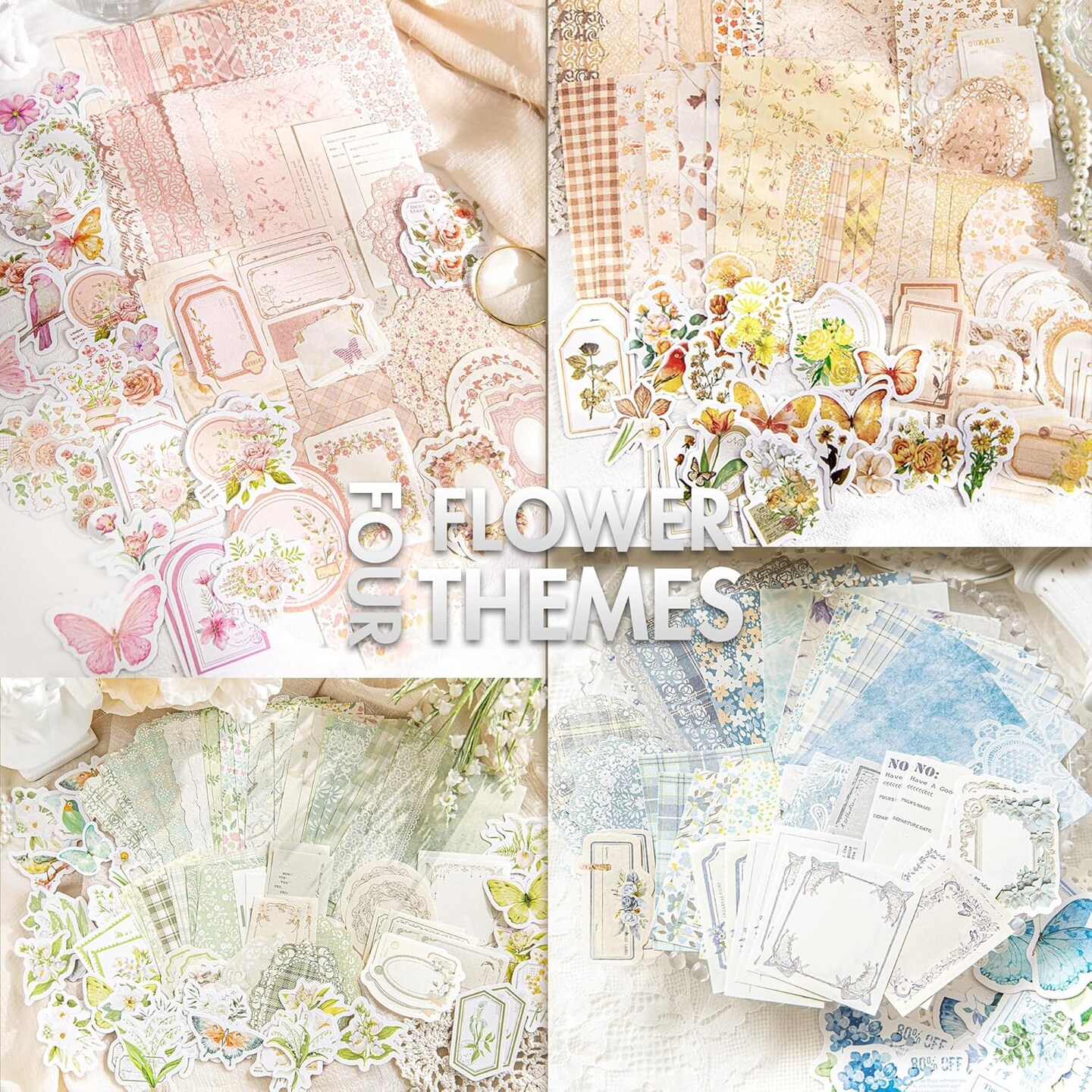 400pcs Vintage Floral Scrapbook Paper & Journaling Stickers Assorted Set (Four Season Flower) 6.3 x 4.3 x 0.04 inches