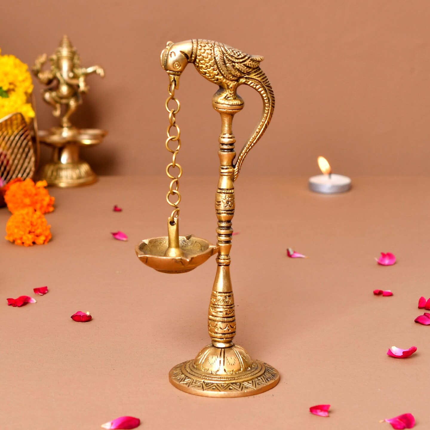 2 Pc Parrot Brass Oil Diya Kerala Samai Puja Diya Traditional 7.5 Inches Bird Pair Hanging Chain Oil Lamp Hindu Religious Kathu Vilakku Deepak for Home Temple Diwali Decor Housewarming Gift