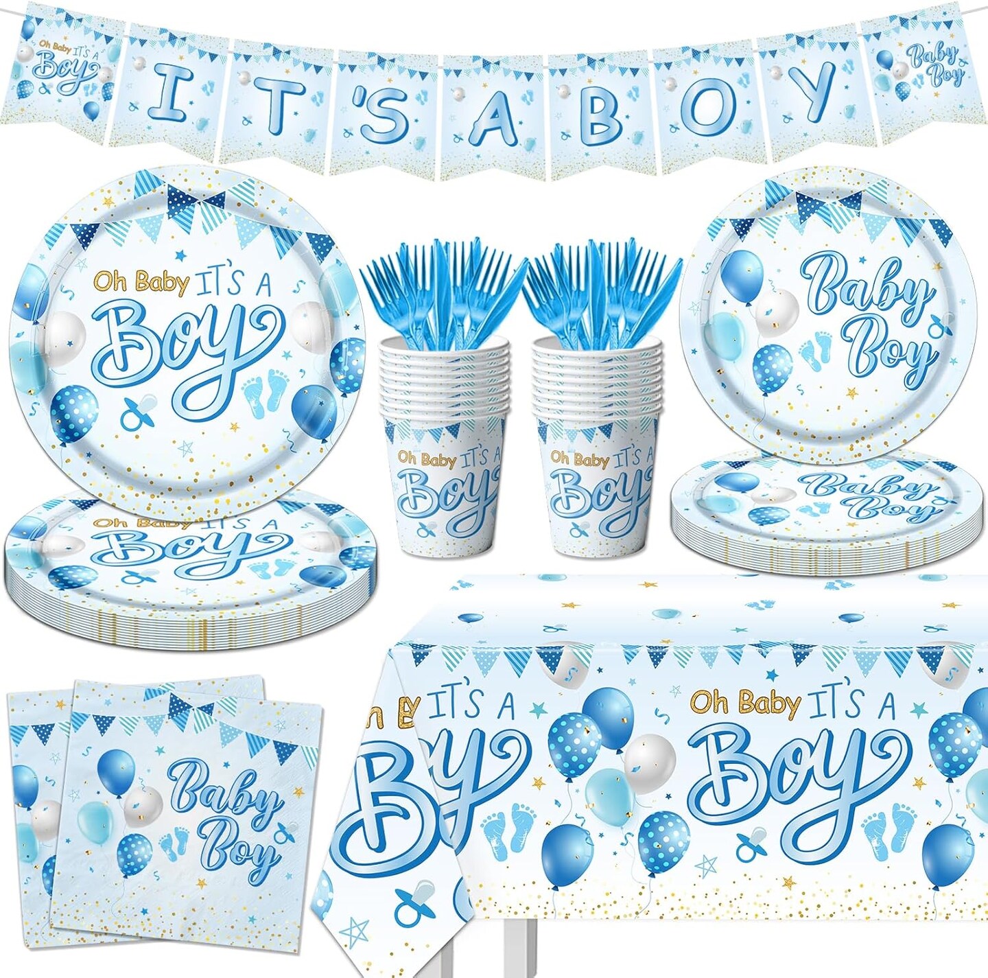 It's a Boy Baby Shower Party Supplies with Baby Boy Plates Napkins Cups Banner Tablecloth