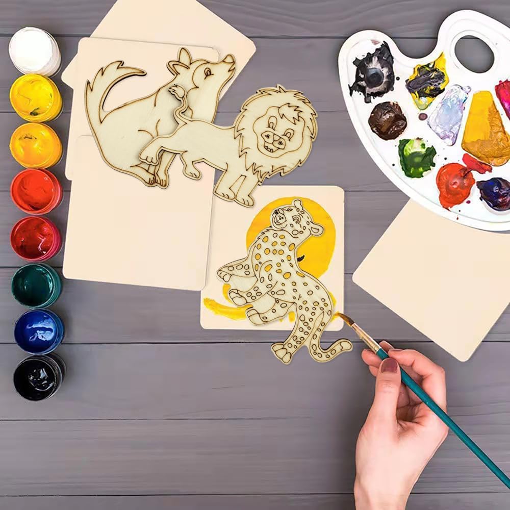 32-Pack Unfinished Wooden Animal Cutouts – Tiger, Lion, Wolf & Leopard Shapes for DIY Painting, Hanging Ornaments, Gift Tags, and Craft Projects