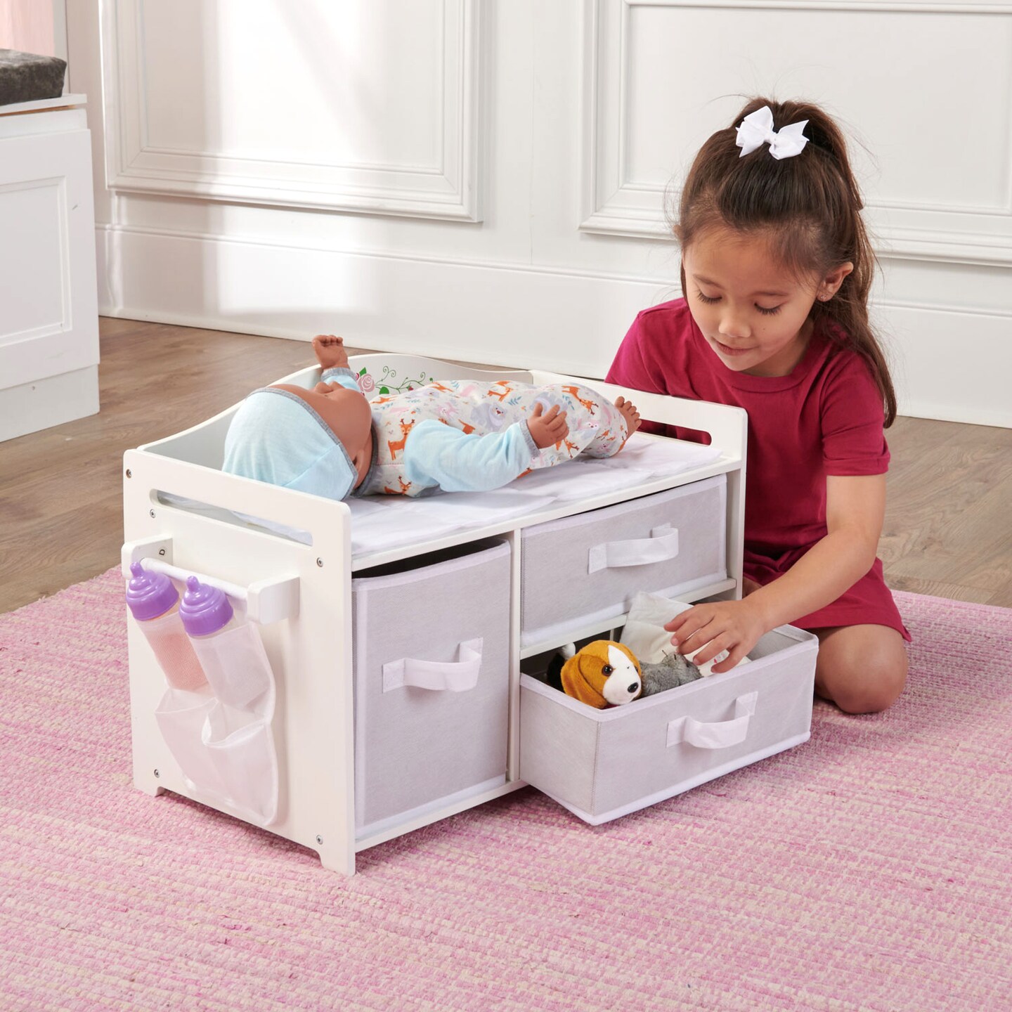 Badger Basket Doll Care Station with Three Baskets, Pocket Organizer and Free Personalization Kit - White Rose