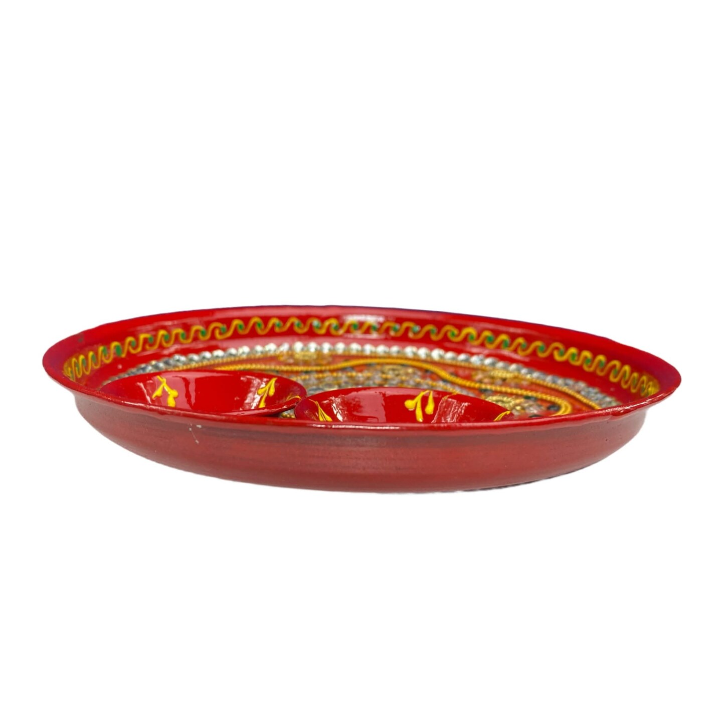 6 Inch Rhinestone Pooja Aarti Thali with Bowls Meenakari Work Red Painted Handmade Platter Haldi Kumkum Thali Ganesha Chaturthi Teej Diwali Puja Thali Housewarming Gift