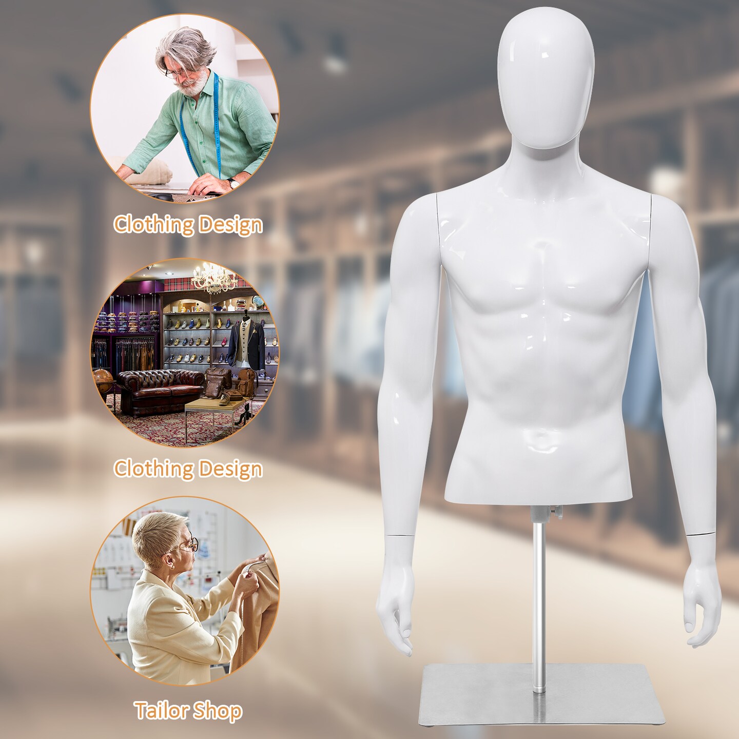 Bright White Male Mannequin with Adjustable Iron Base and Rotatable Head