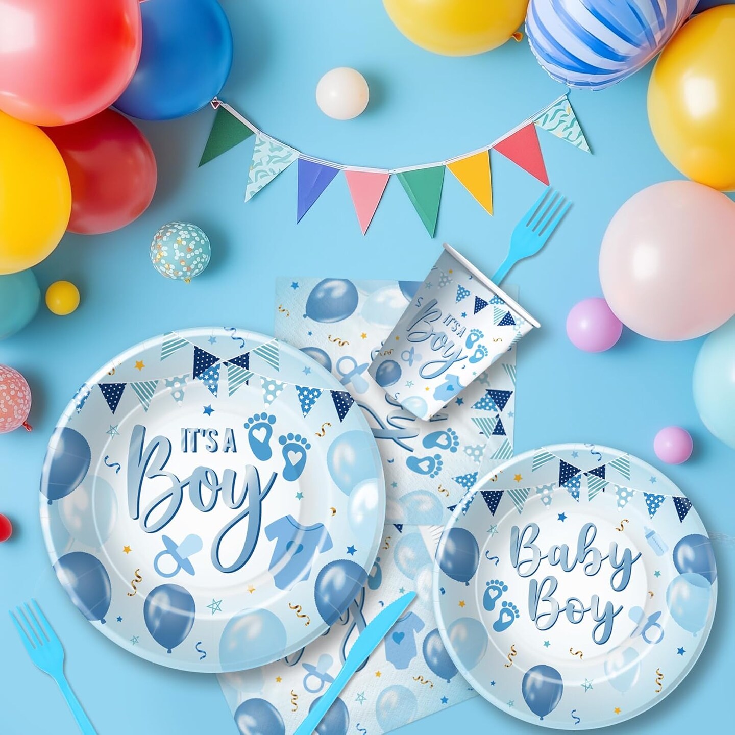 Baby Shower Party Supplies for Boy - Blue Balloons, Paper Plates, Napkins