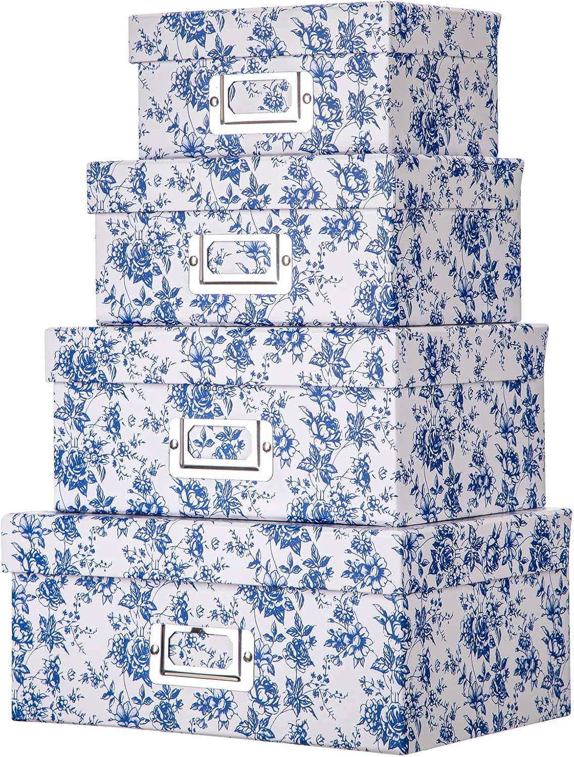 Blue and White Porcelain Storage Boxes with Lids (Rectangular Set 4)
