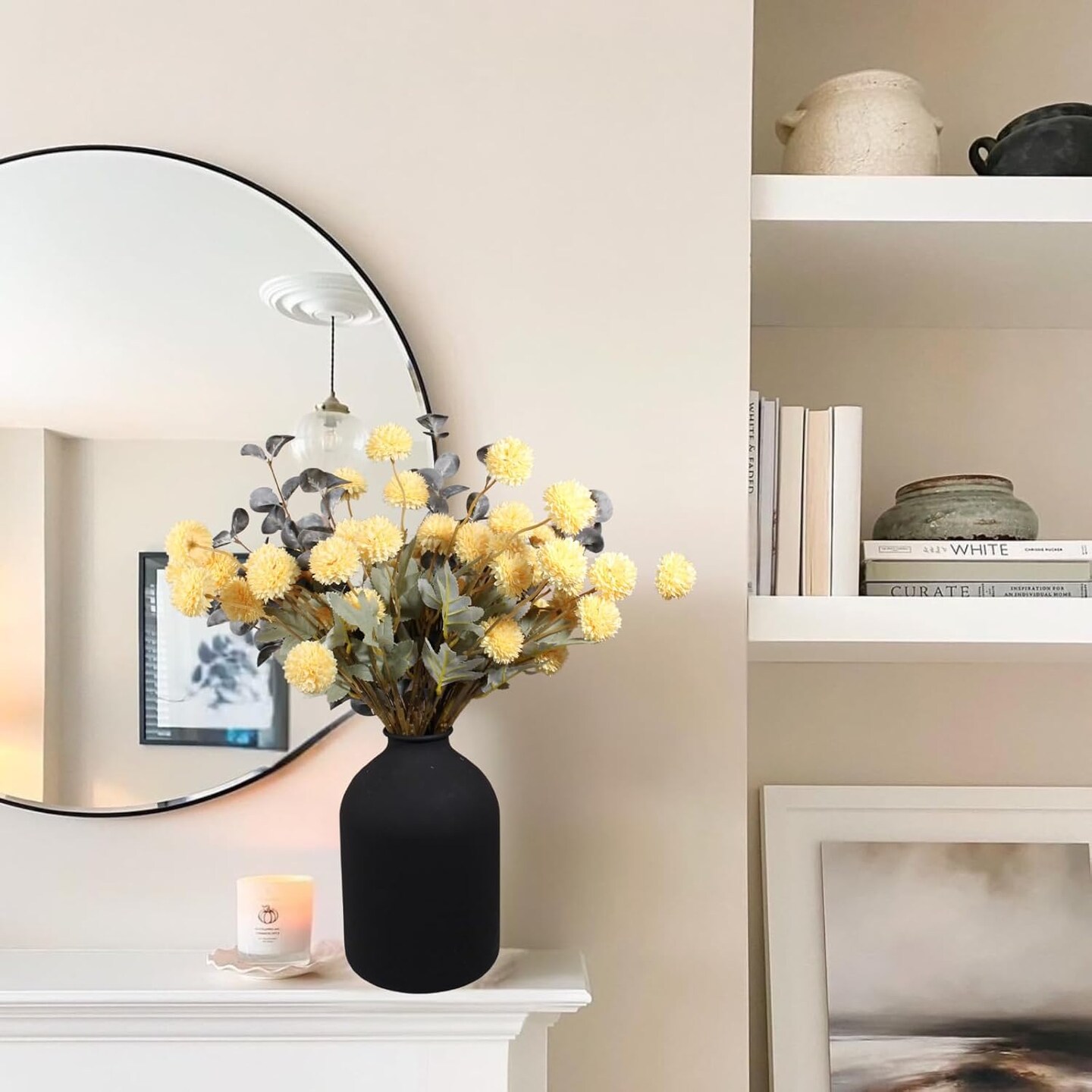 Yellow Flowers Artificial Long Stems Kiku Flower With Eucalyptus, Spring Flowers Decor (Yellow) 8"D x 15"W x 21"H