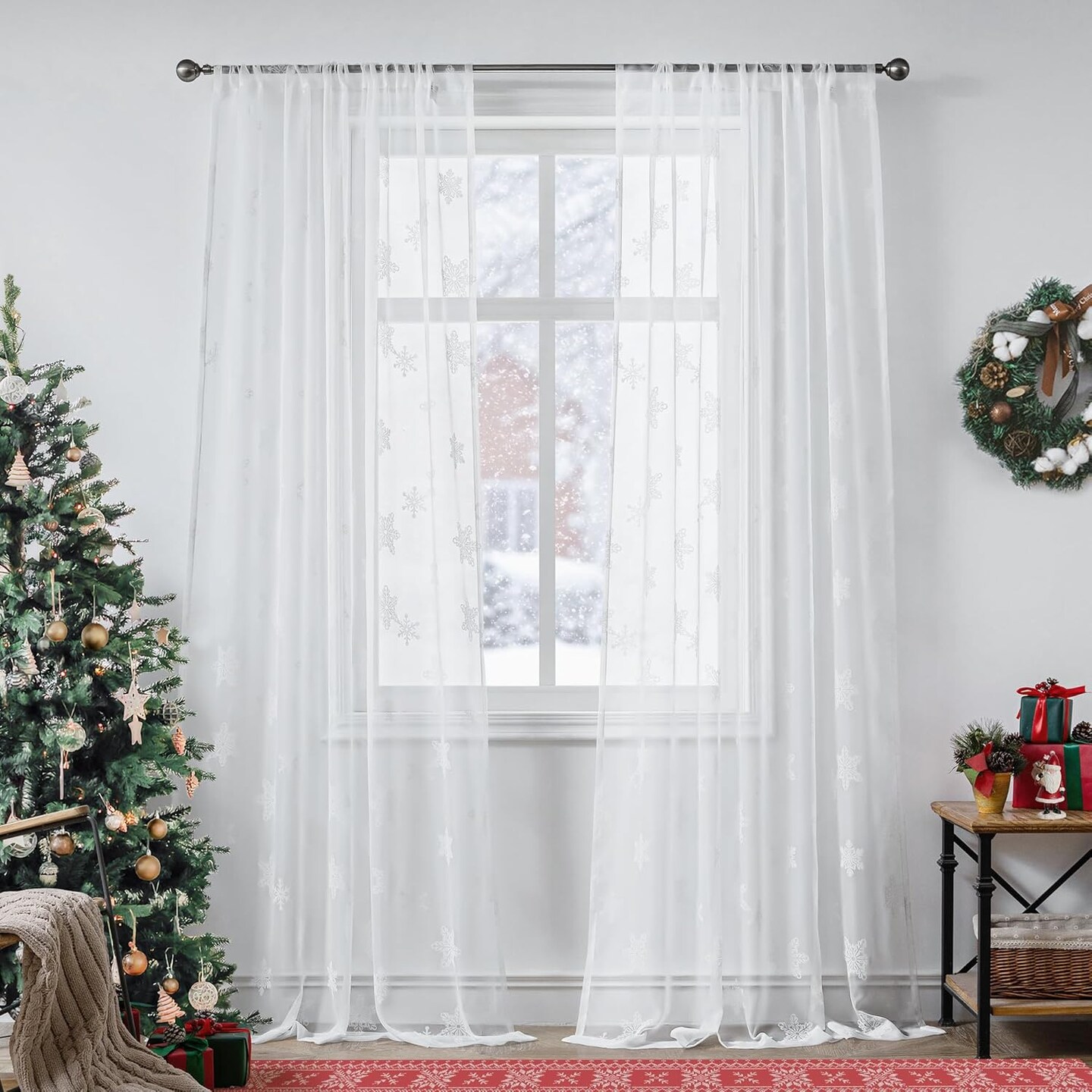 White Sheer Snowflake Christmas Curtains