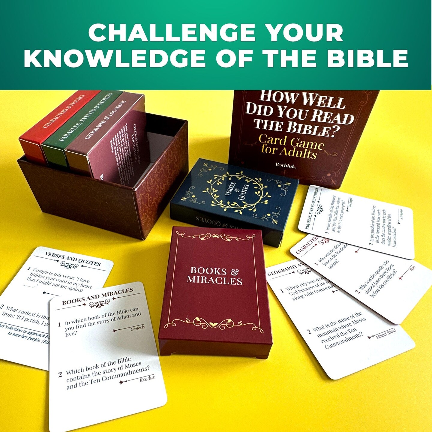 QUOKKA Rethink. Bible Trivia Game for Adults – 250 Bible Trivia Cards for Christians – Fun Christian Games for Adults & Family – Religious Gifts for Men and Women - 5 Categories to Check How Well You