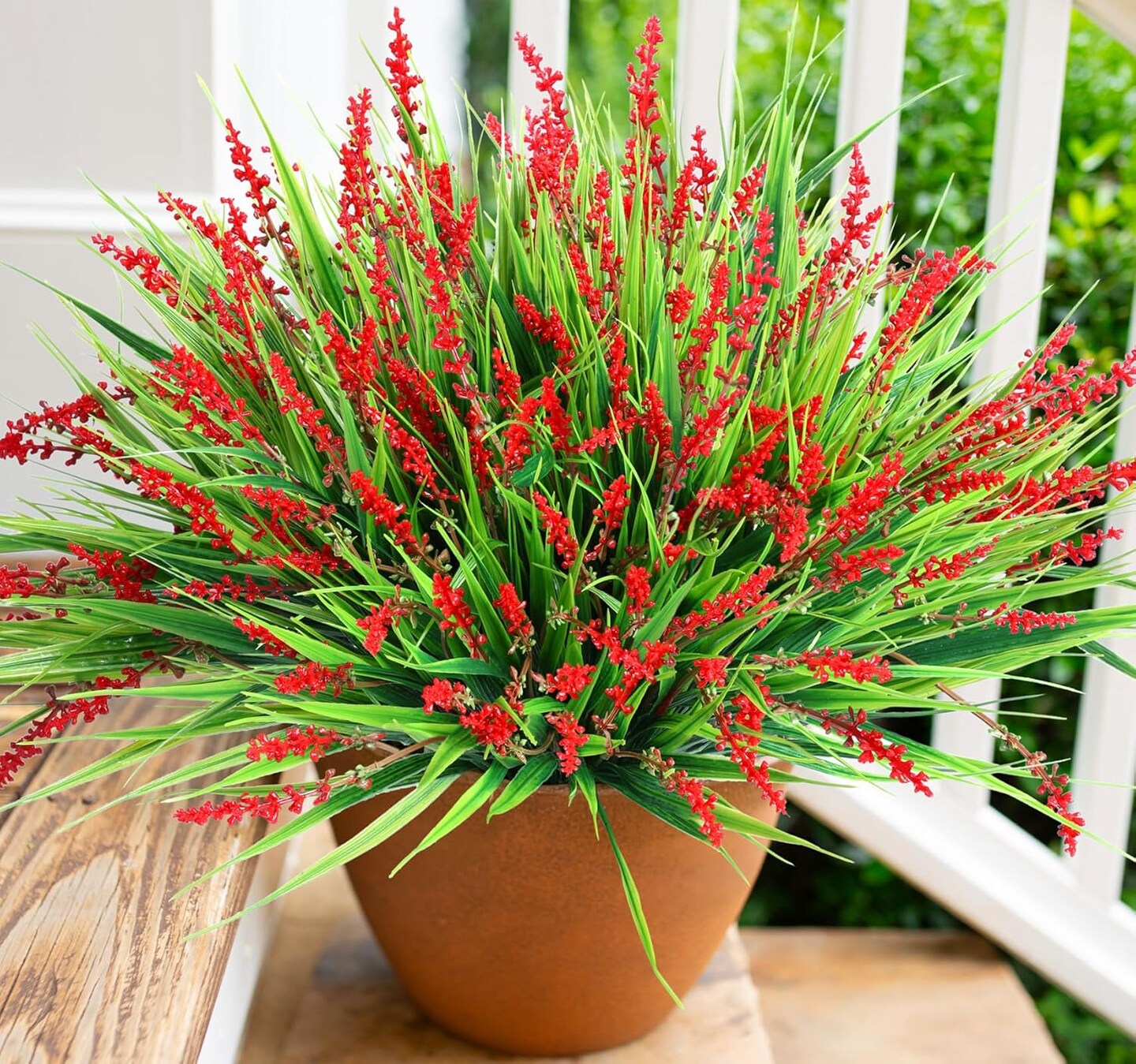 Artificial Fake Flowers Outdoor Plants for Summer Decoration,10 Bundles Faux Plastic Tall Monkey Grass Greenery UV Resistant Realistic Lavender for Home Planter Window Porch Garden-Red