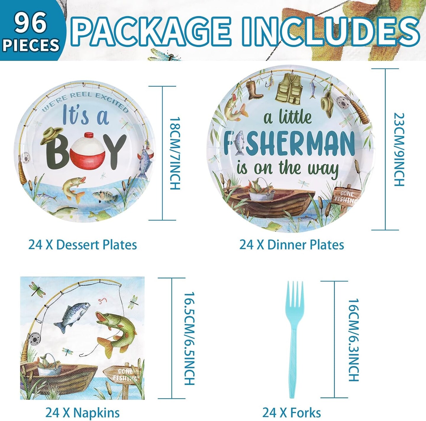 96 Pcs Fishing Baby Shower Party Decorations, Serves 24 (Blue)