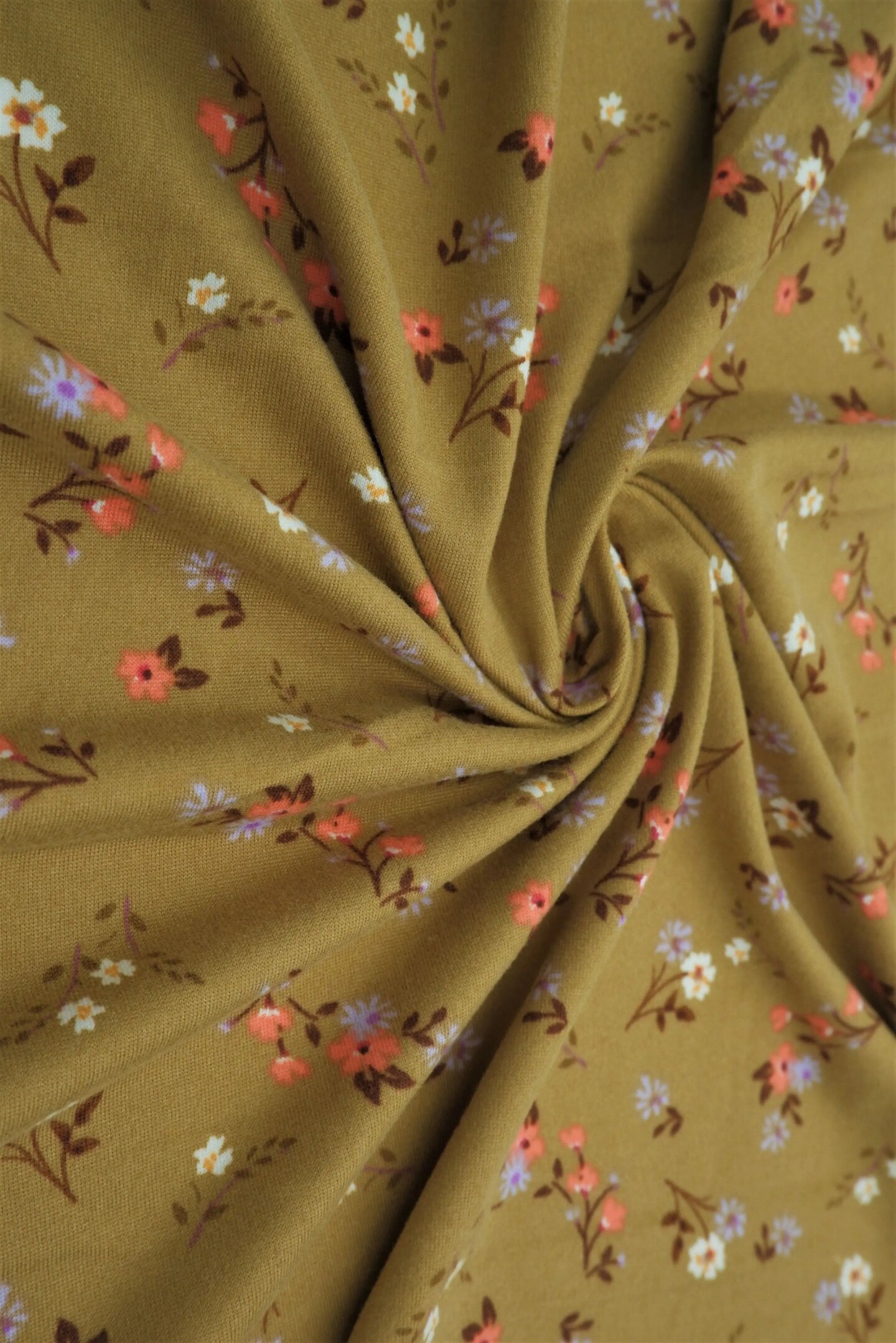 1 Yard Olive Vintage DTY Ditsy Floral Print Olive Vintage Fabric Polyester Spandex Brushed Stretch Knit 58/60 Inches Wide