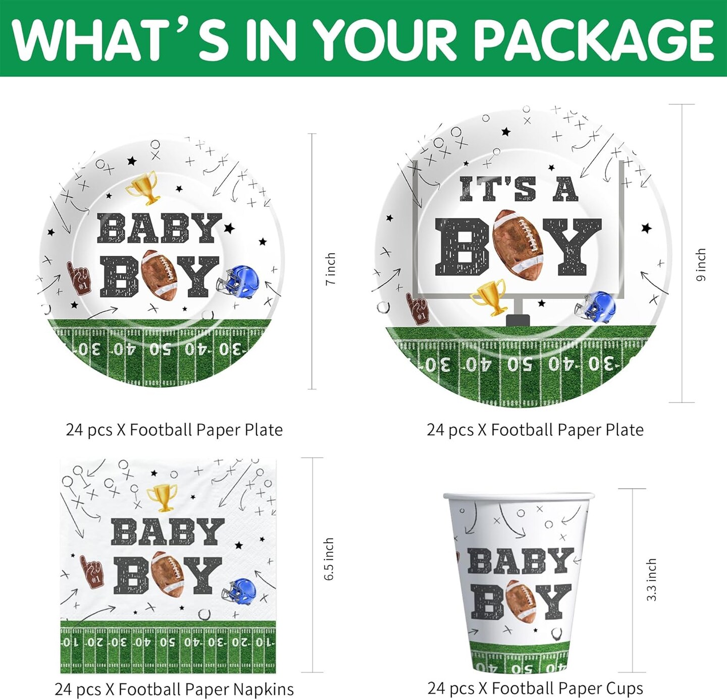 Football Baby Shower Decorations & Tableware Serve 24 (Green, White)