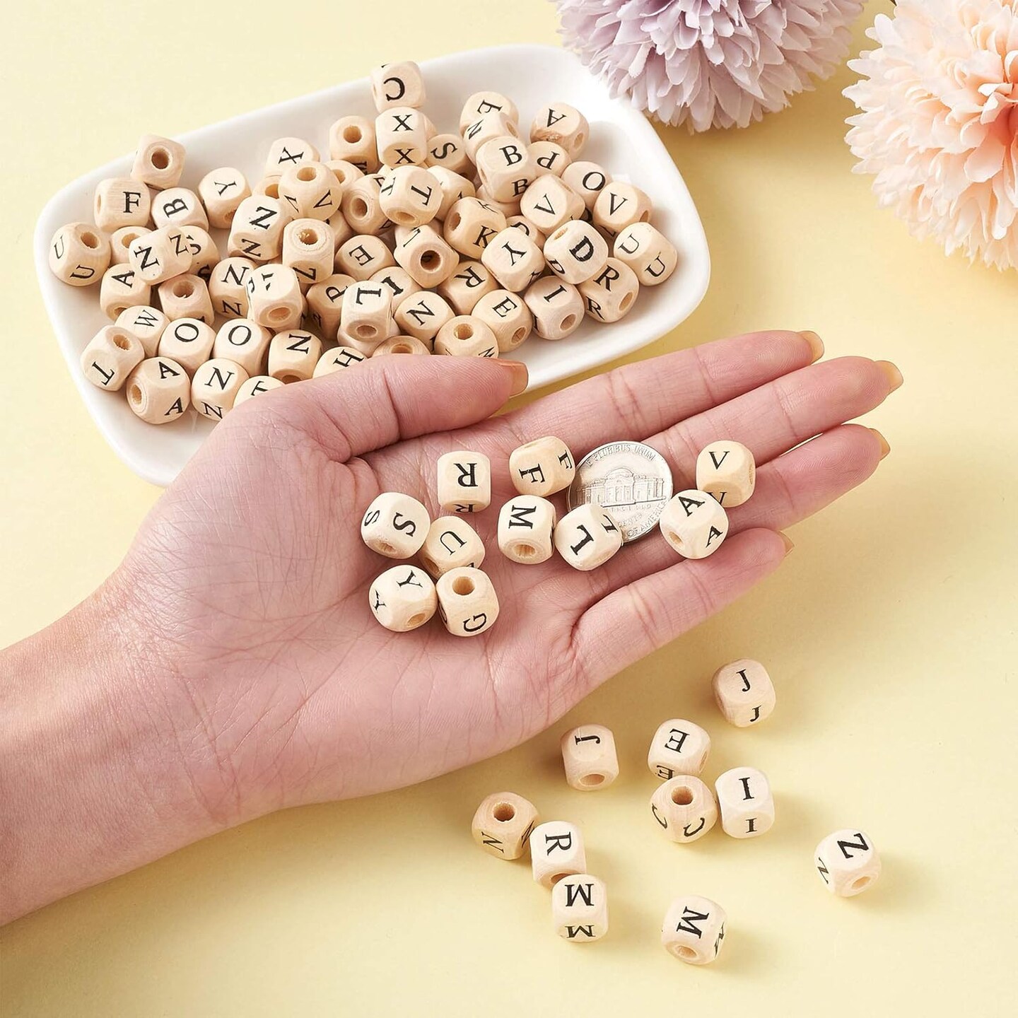 Cube Wood Beads with Initial 26 Letters (PapayaWhip#10mm)