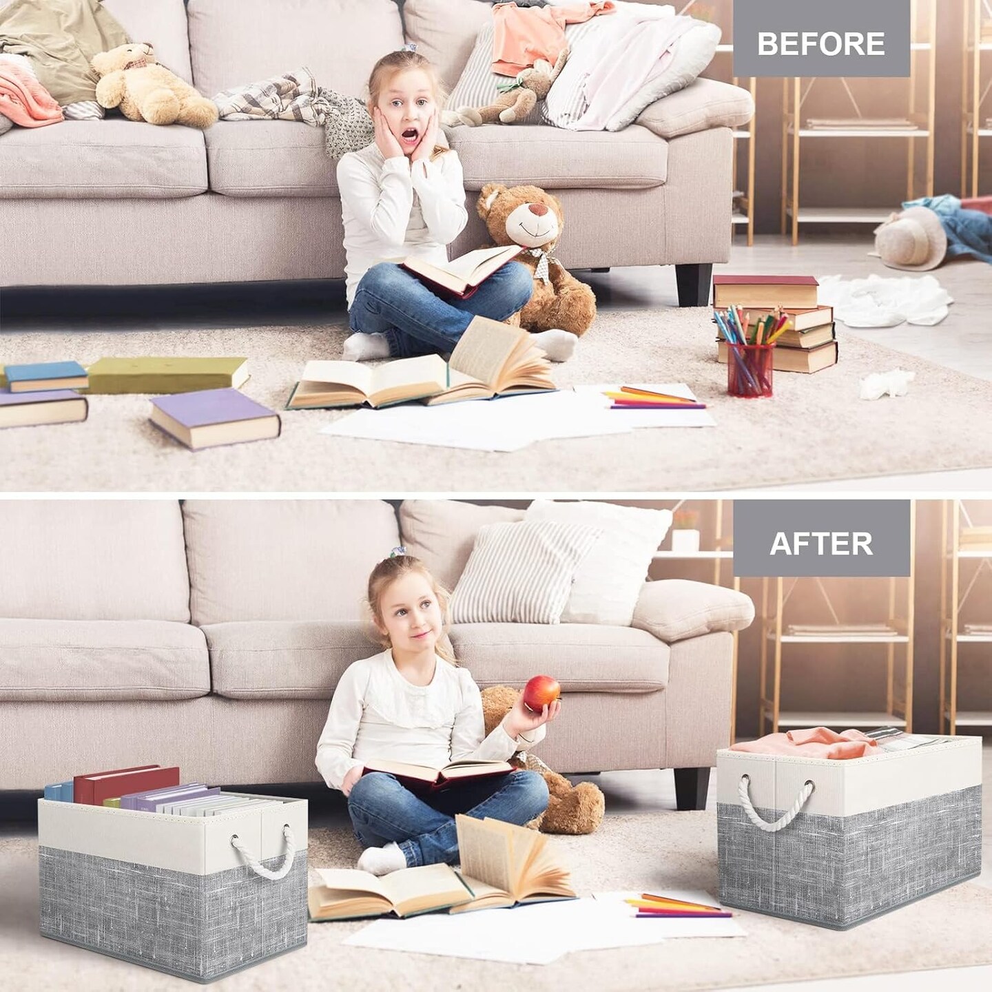 3-Pack Foldable Storage Bins (White & Grey) 15"L x 10"W x 9.5"H