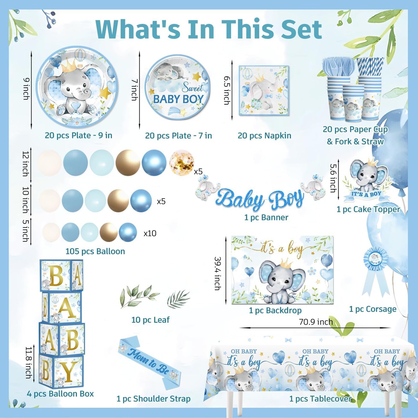 260PCS Elephant Baby Shower Decorations, All-in-1 Party Pack, Includes 20 Elephant Theme