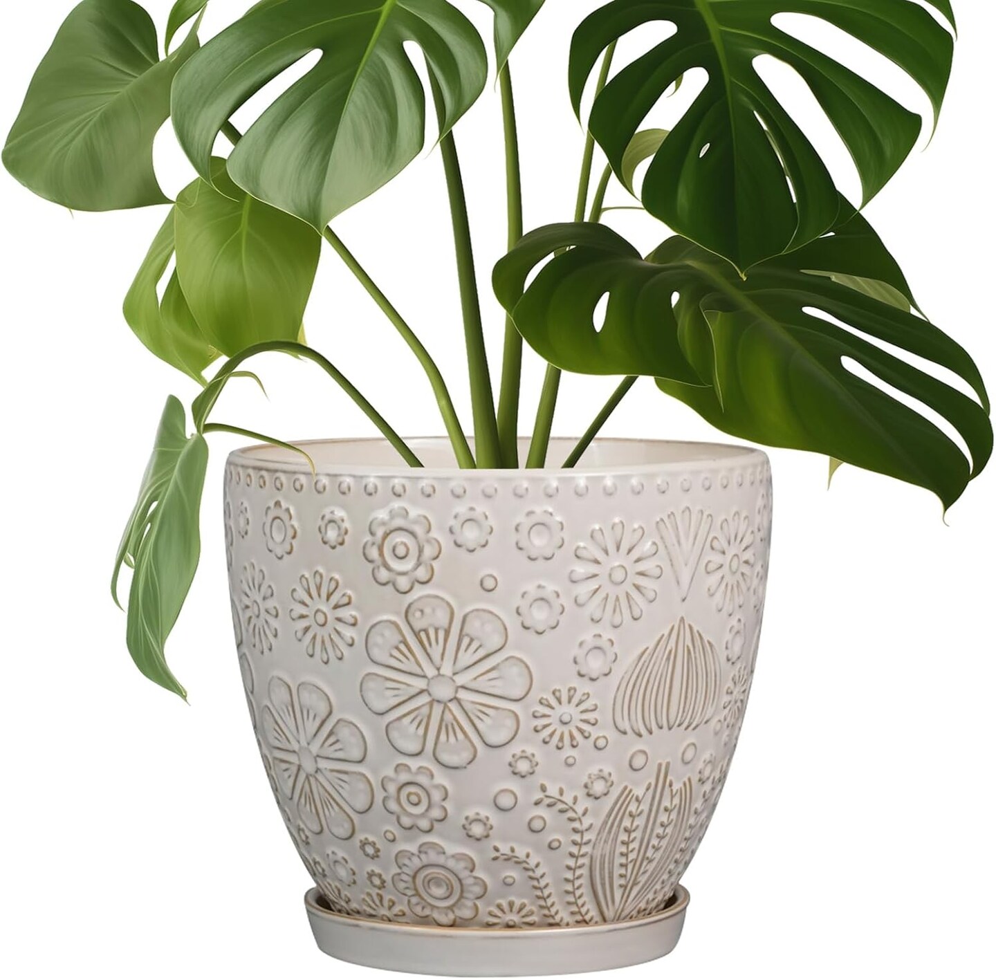 Ceramic Planter with Drainage Hole and Saucer Ceramic Pots - 8 Inch, Petit-flower Petal White