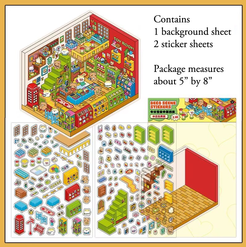 Cute Toy Shop Sticker Scene Activity, Isometric Kawaii Stickers, Adorabilities