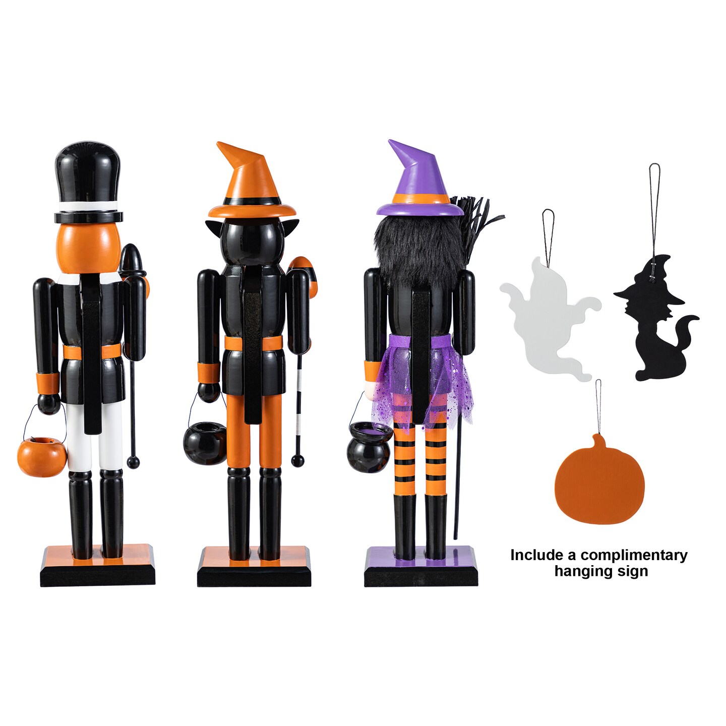 Set of 3 18.5&#x22;H Halloween Cat/Witch/Pumpkin Wood Nutcracker