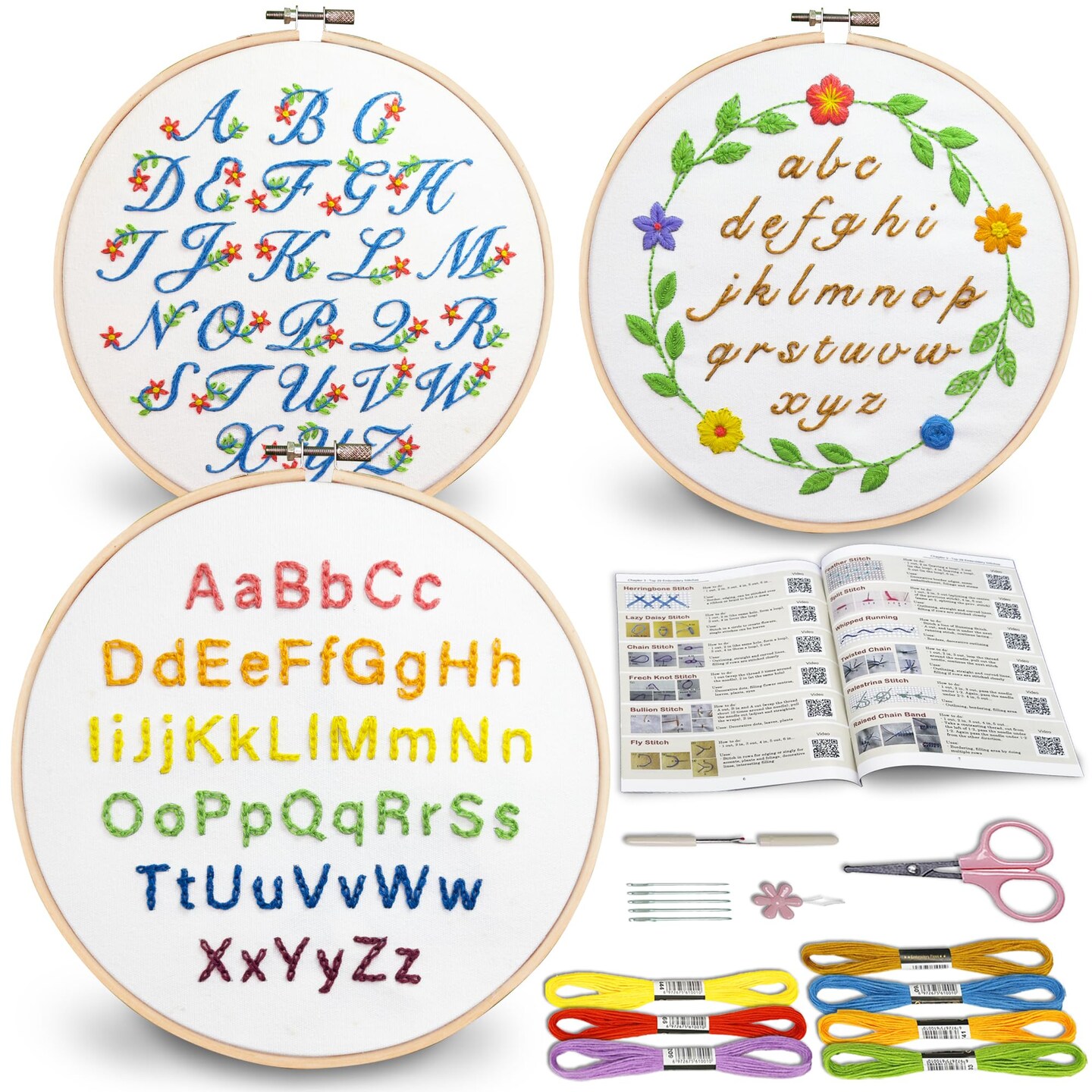 Bradove 3 Sets Alphabet Letter Practice Embroidery Kit for Beginners Adults Kids with Embroidery Patterns, Learn to Embroider Kit Adult Beginners