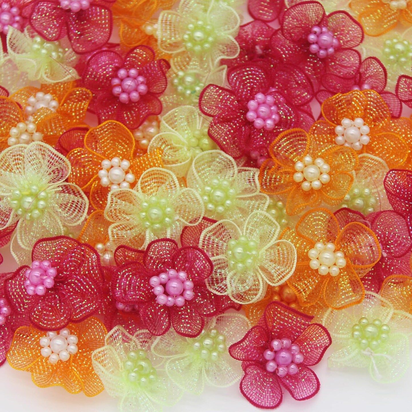 60pcs Craft Organza Flowers with Beads Organza Ribbon(Mixed Color)