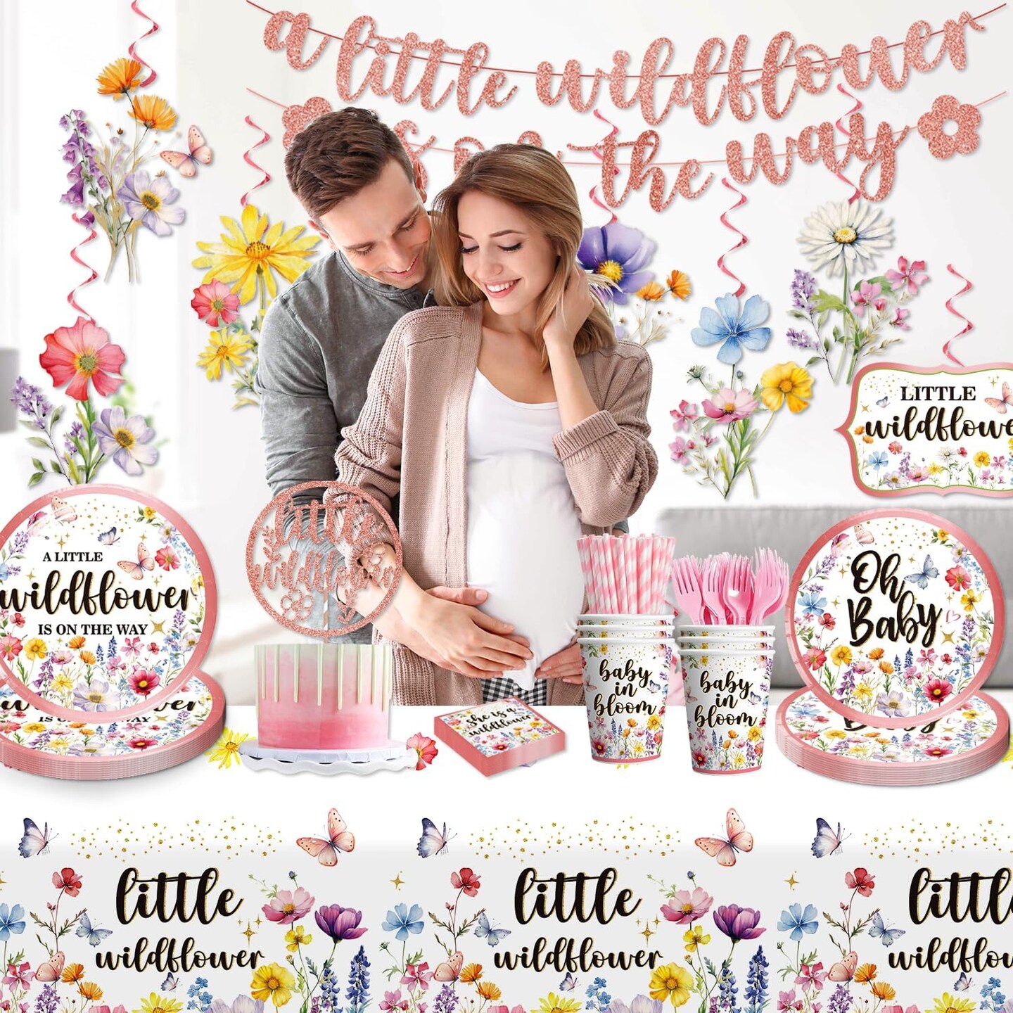 Wildflower Baby Shower Sign Set - 6 Double-Sided Floral Party Signs For Food, Drinks & Gifts