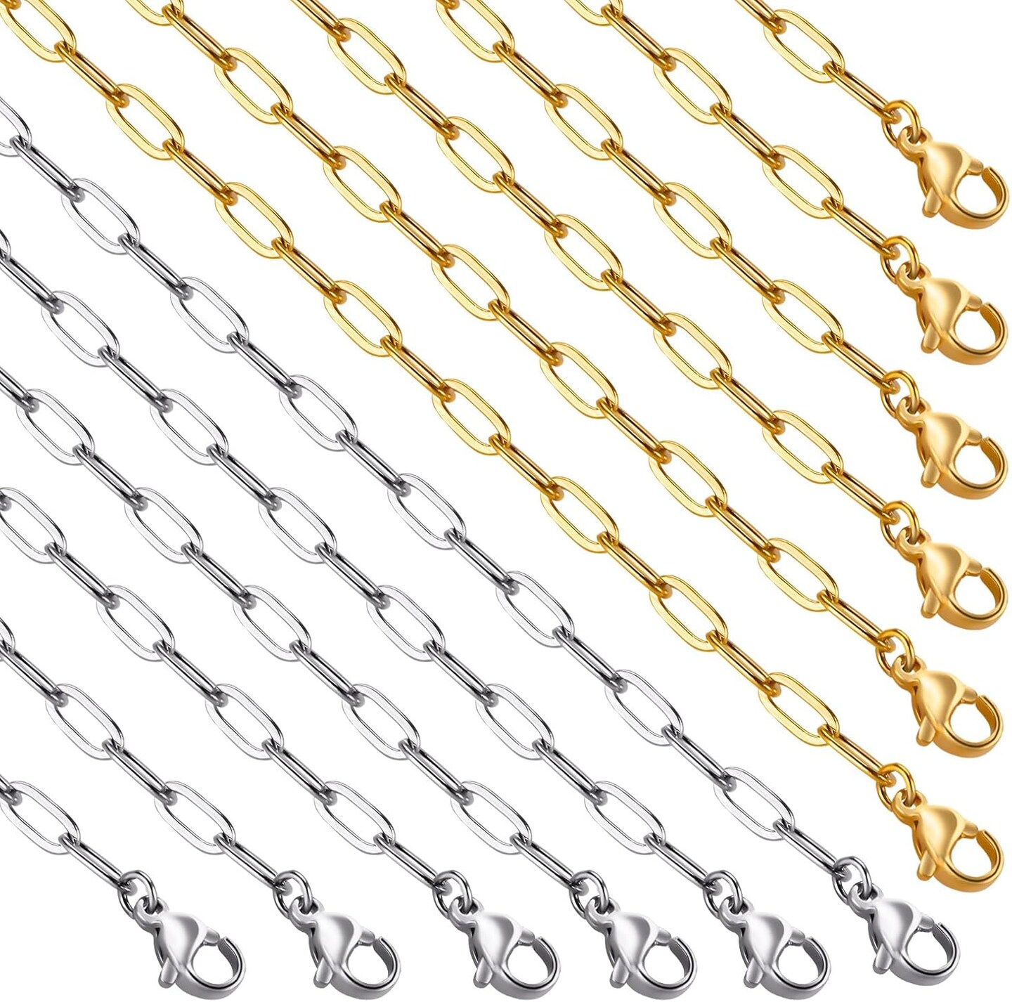 Gold and Silver Stainless Steel Chain for Jewelry Making 12 Pcs Gold Plated Paperclip Necklace Chains Bulk for Necklace Making