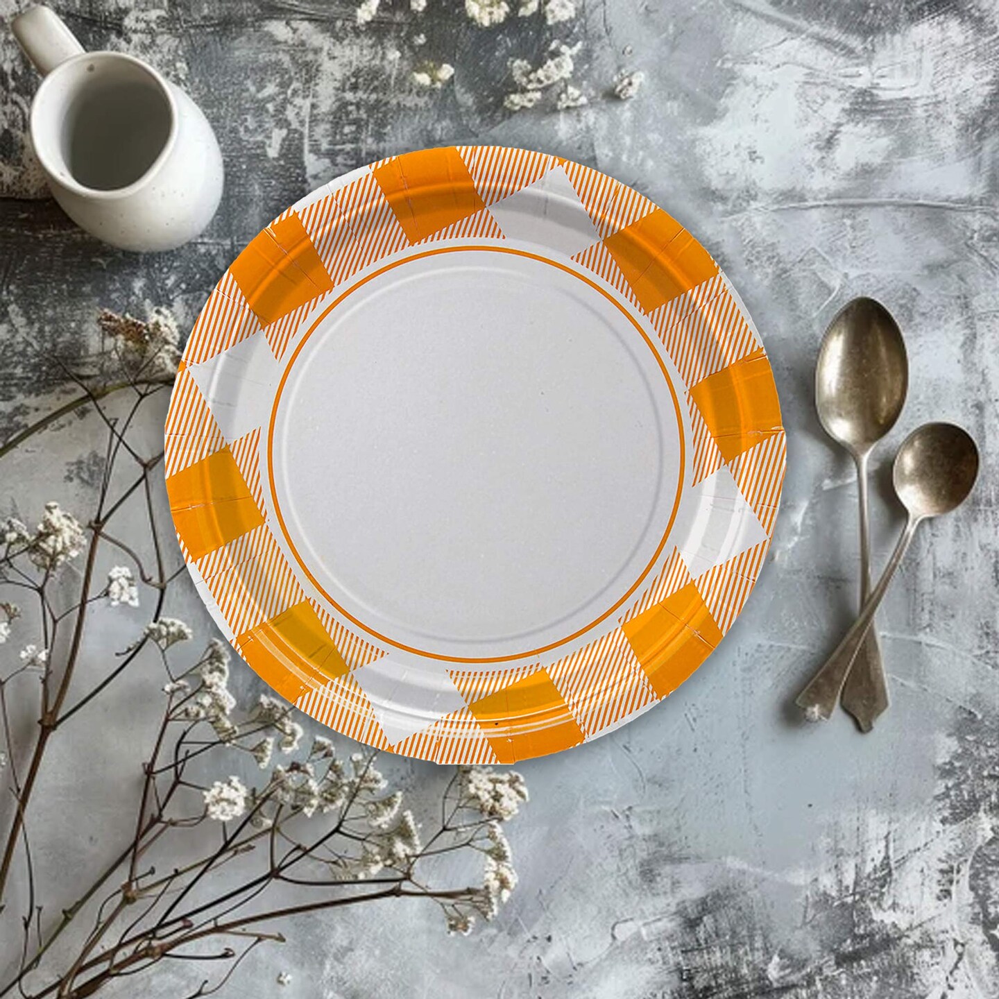8 Count Orange Plaid Paper Dessert Plates 7 Inch for Fall and Party Tableware