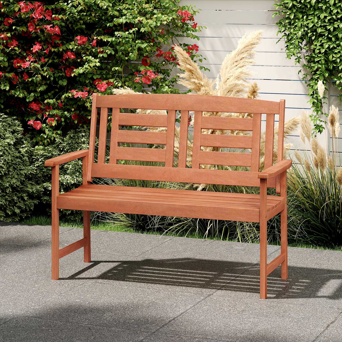 Outdoor Wooden Loveseat Bench with Slatted Seat and Inclined Backrest