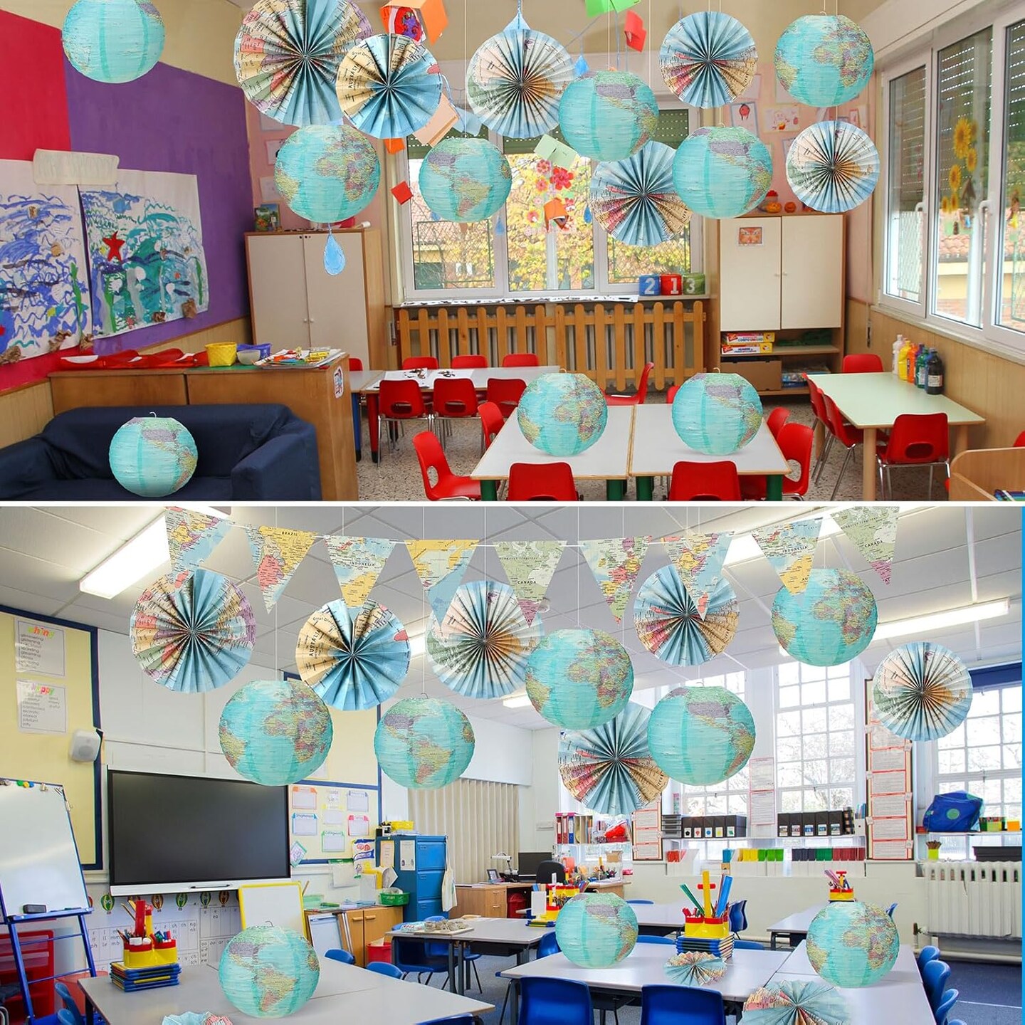 19 Pcs Map Classroom Decorations Travel Themed Party Decorations Globes Hanging Paper Lantern Fans Triangle Flags