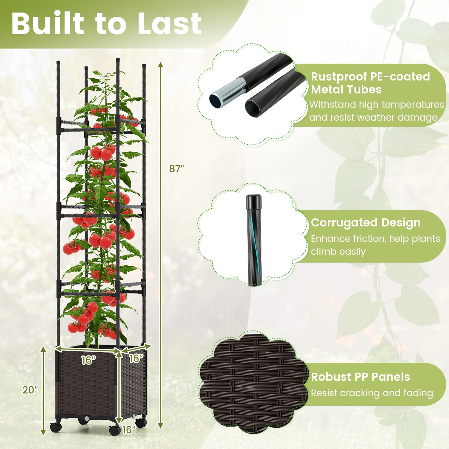 87 Inch Tall Raised Garden Bed with Trellis and Lockable Wheels for Easy Mobility
