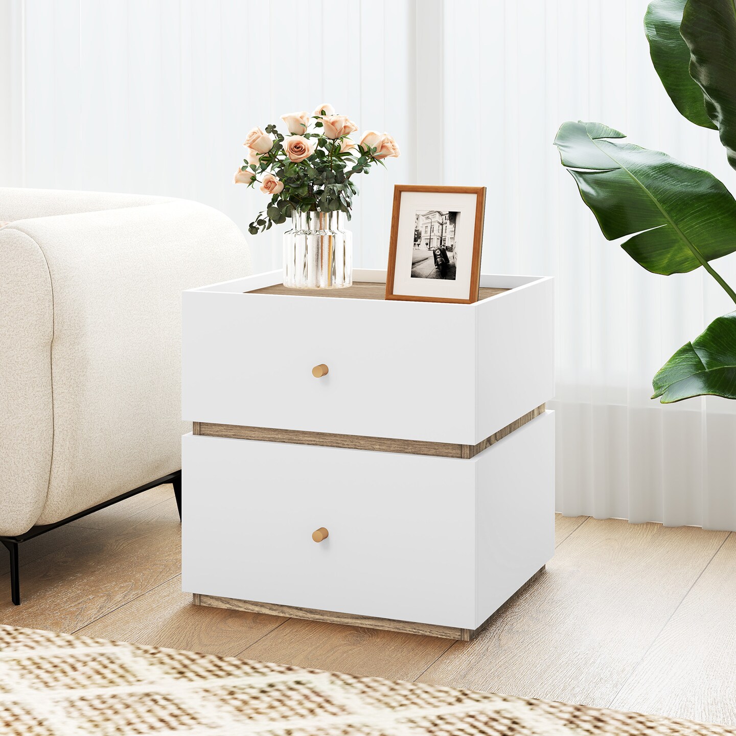 White Engineered Wood Nightstand with 2 Drawers, Raised Edges and Non-Slip Pads