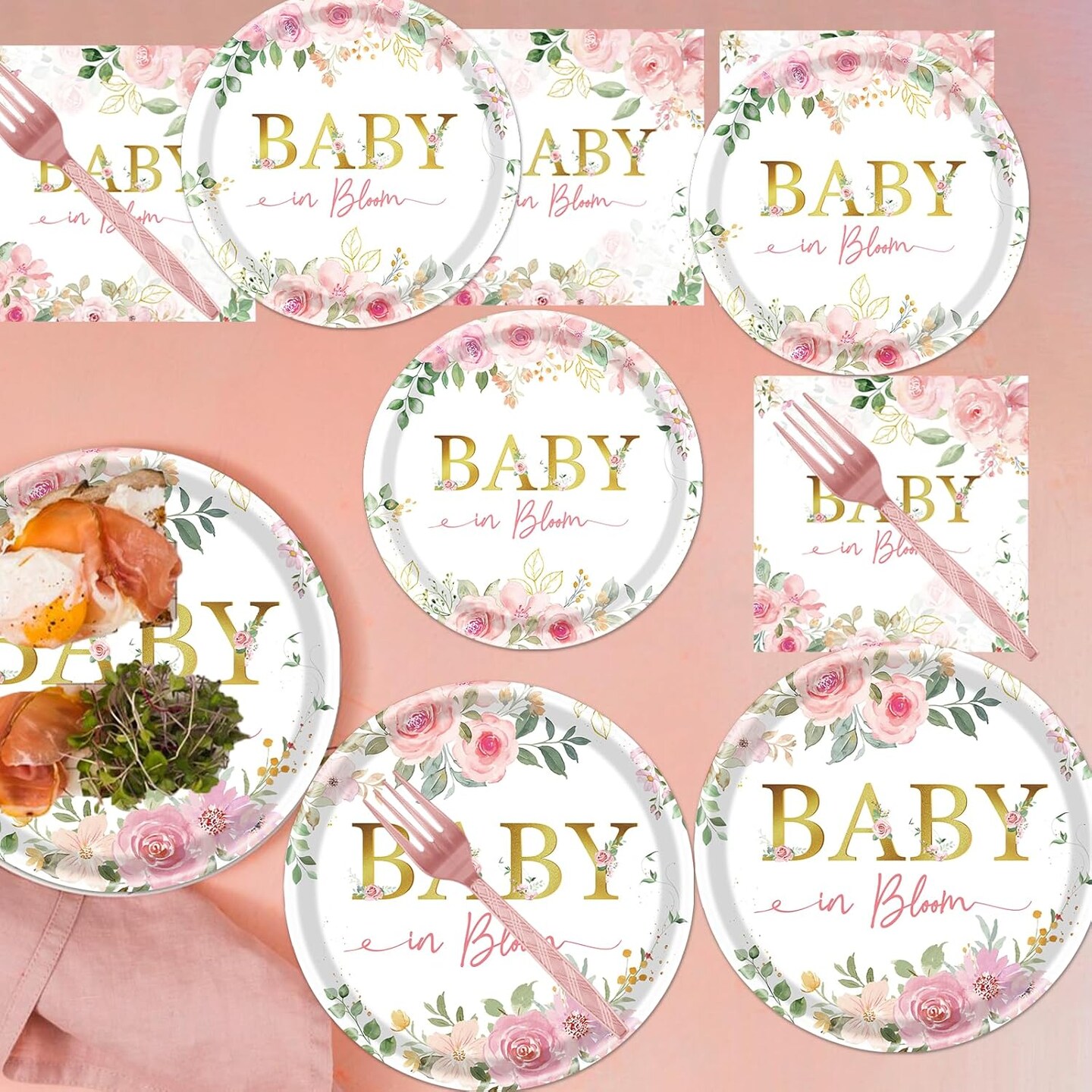 Baby in Bloom Baby Shower Decorations, 96PCS Spring Floral Party Plates Napkins and Forks Set Supplies, Flower Disposable Paper Tableware for Girls Serves 24