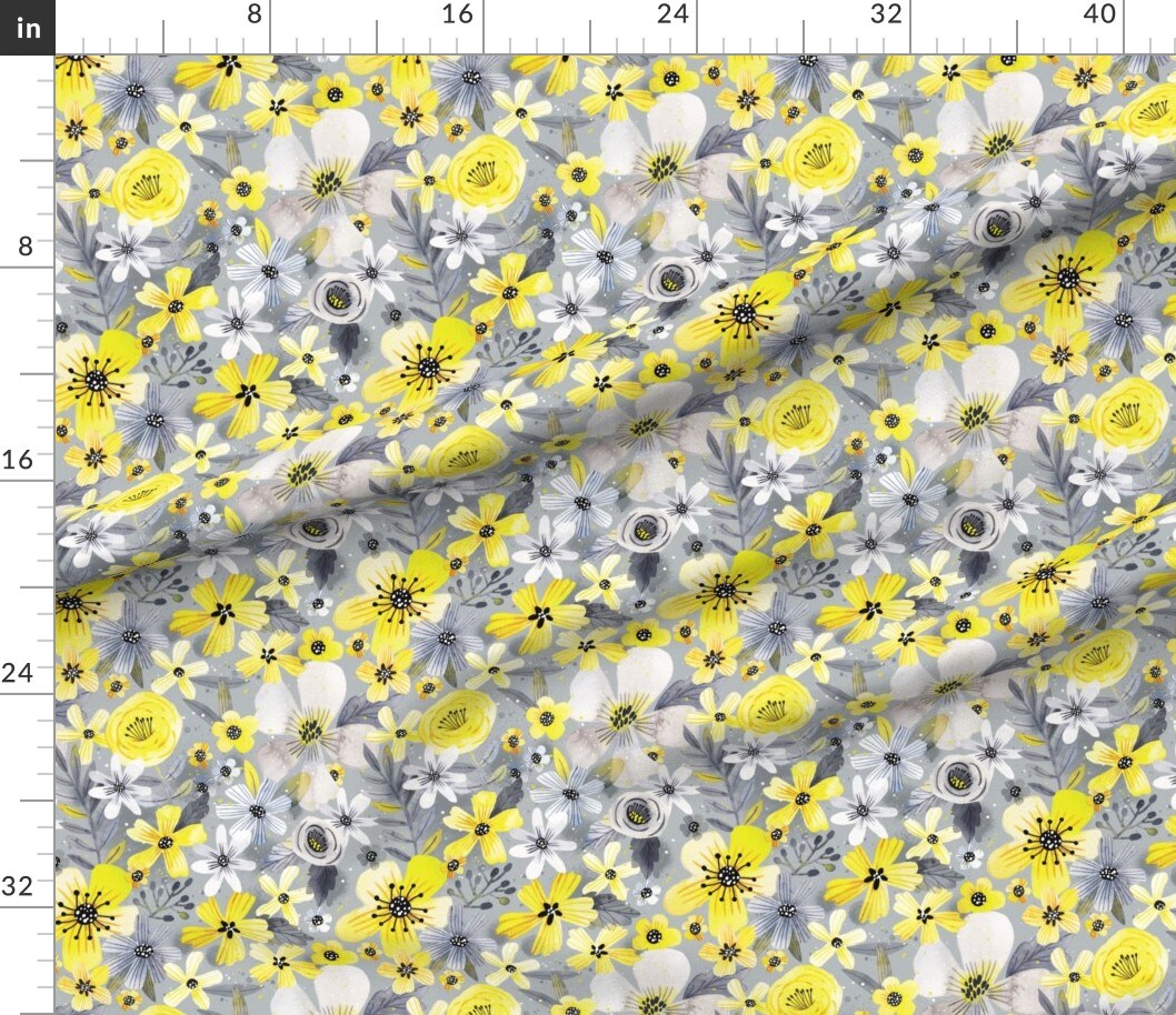 Blooms Yellow Flowers Floral Grey Gray Rose Custom Printed Fabric by Spoonflower Various Fabrics by the Yard or Fat Quarter