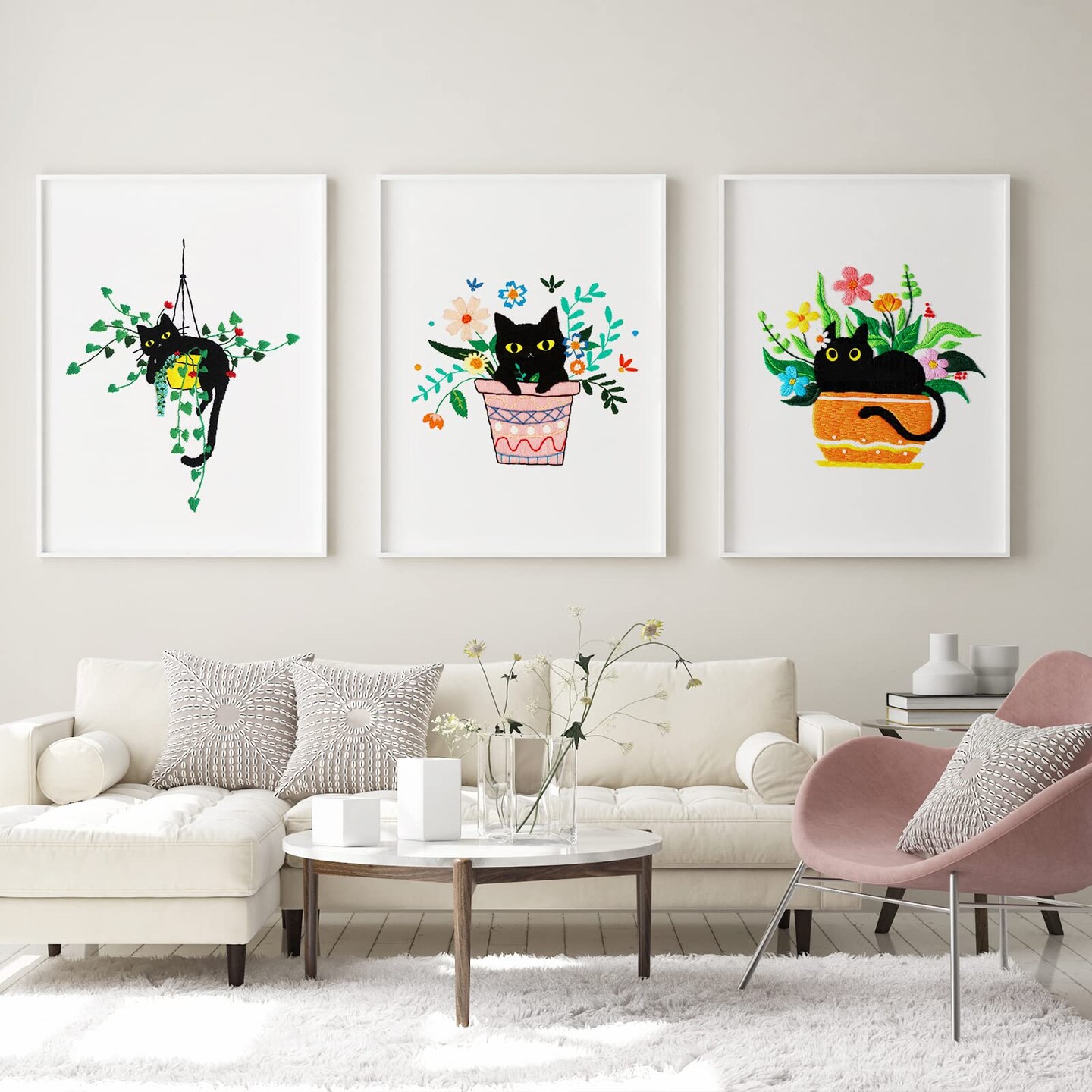 Embroidery kit with Cat Plant Stamped for Starters, Cross Stitch Kits for Beginners Adults, Include Embroidery Cloth, Hoop,Needles,Instruction and Threads