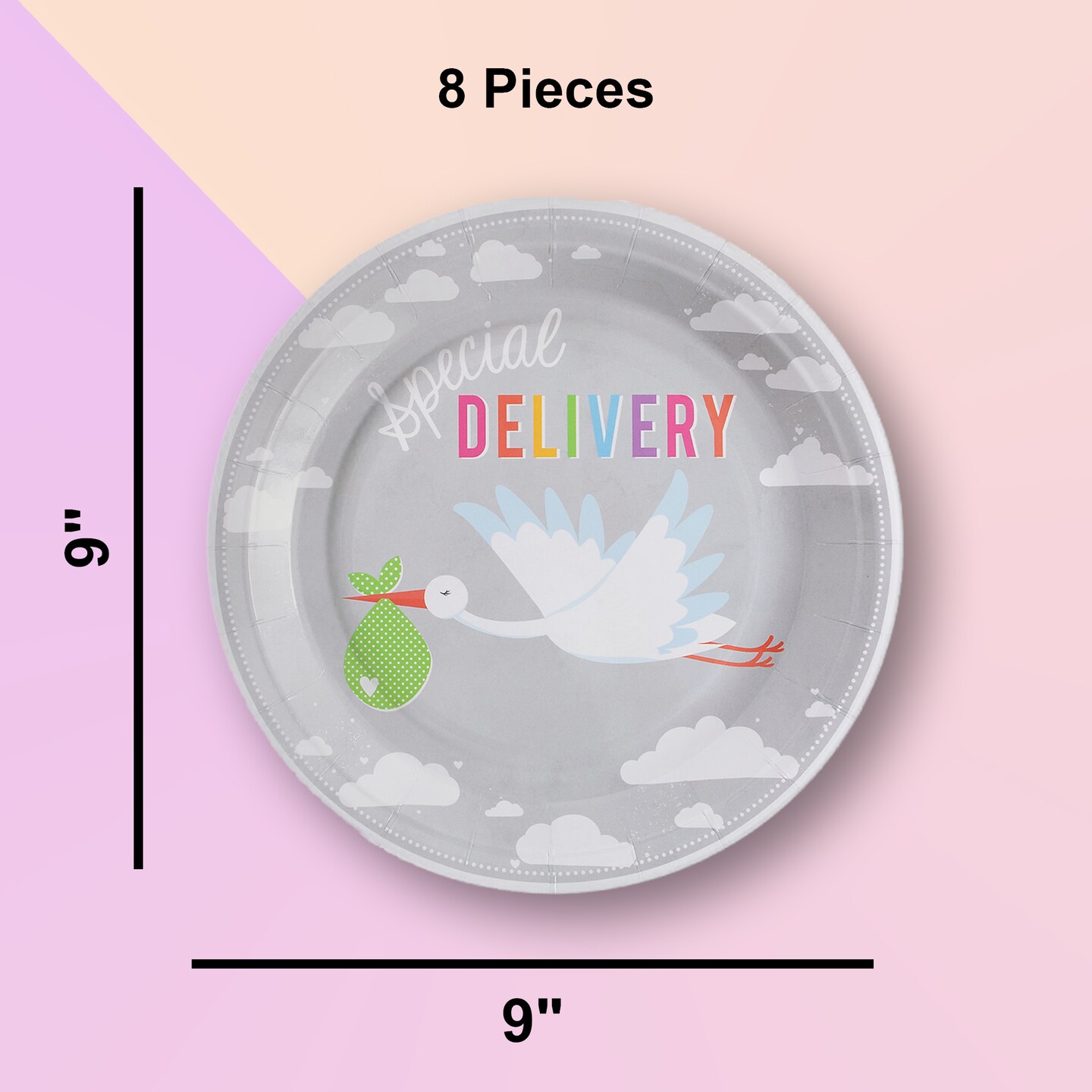 8 Ct.Bundle of Joy Stork Baby Shower Paper Dinner Disposable Plates 9"