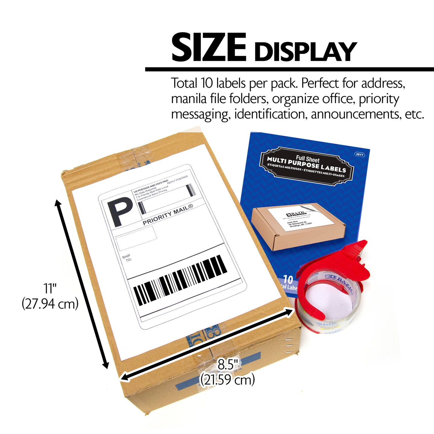 BAZIC White Multipurpose Labels Full Sheet 8.5" X 11" (10/Pack)