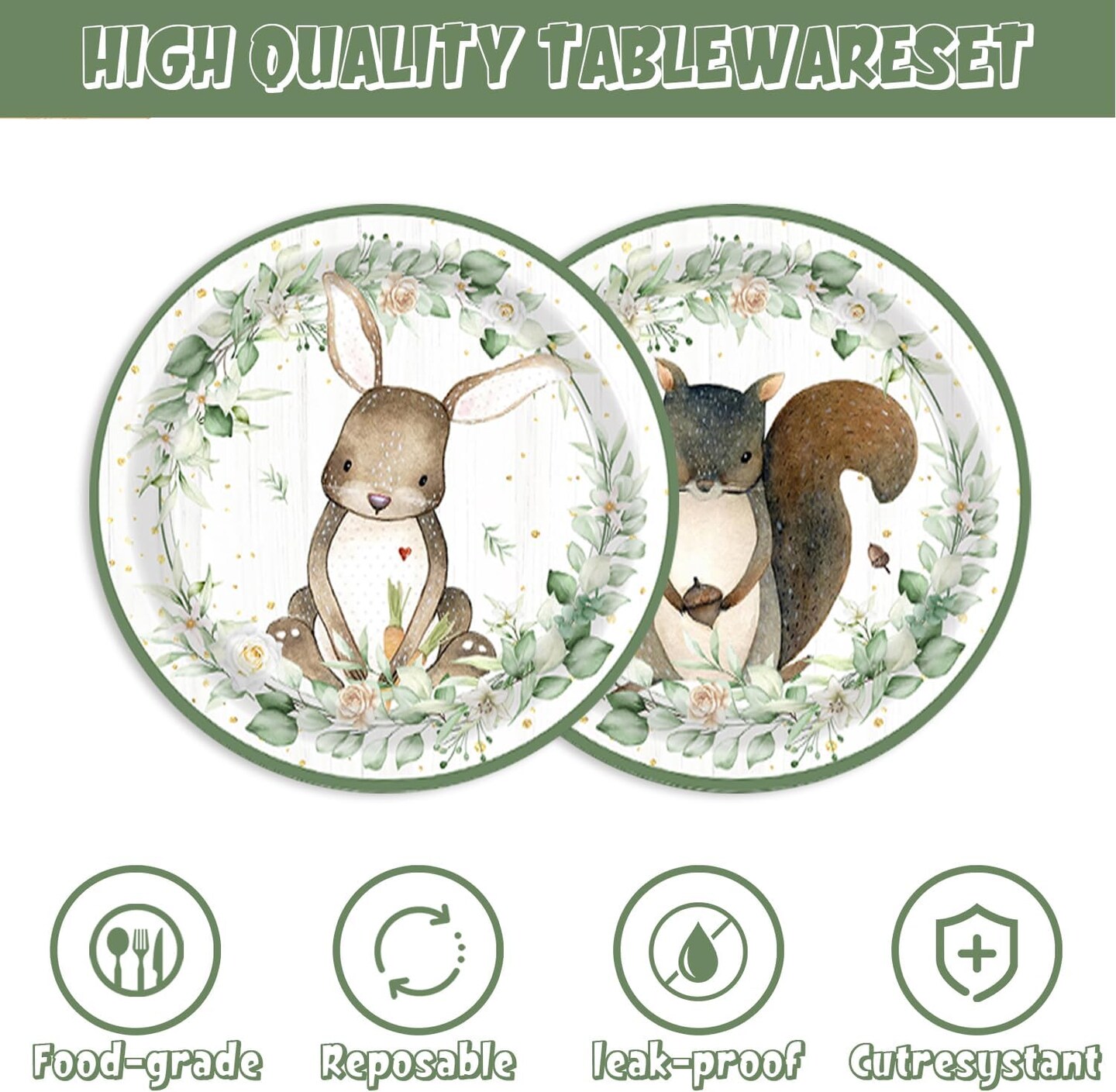 60Pcs Woodland Baby Shower Party Plates for 60 Guests (White and Green)